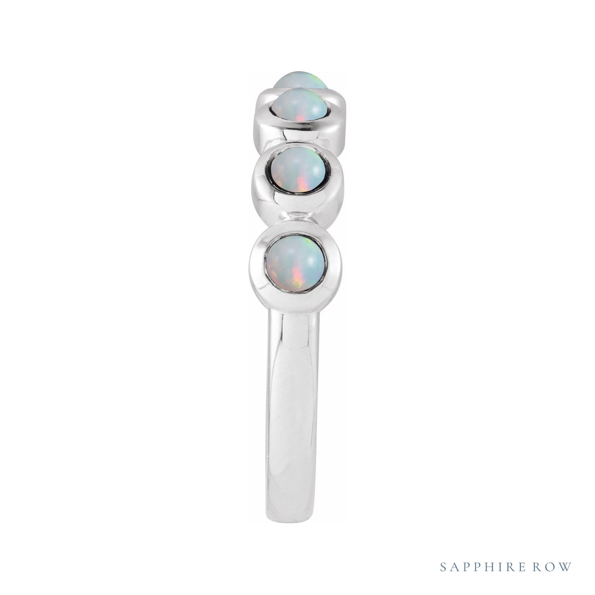 Sapphire Row Natural Cabochon Bezel Half Eternity Ring - White Opal, 14K White Gold (view 3)