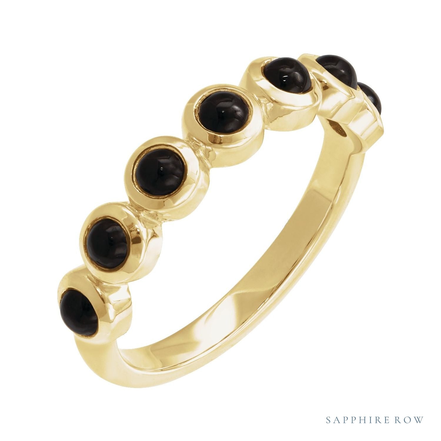 Sapphire Row Natural Cabochon Bezel Half Eternity Ring - Black Onyx, 14K Yellow Gold