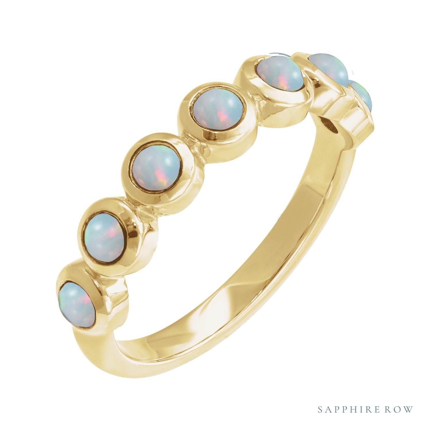 Sapphire Row Natural Cabochon Bezel Half Eternity Ring - White Opal, 14K Yellow Gold