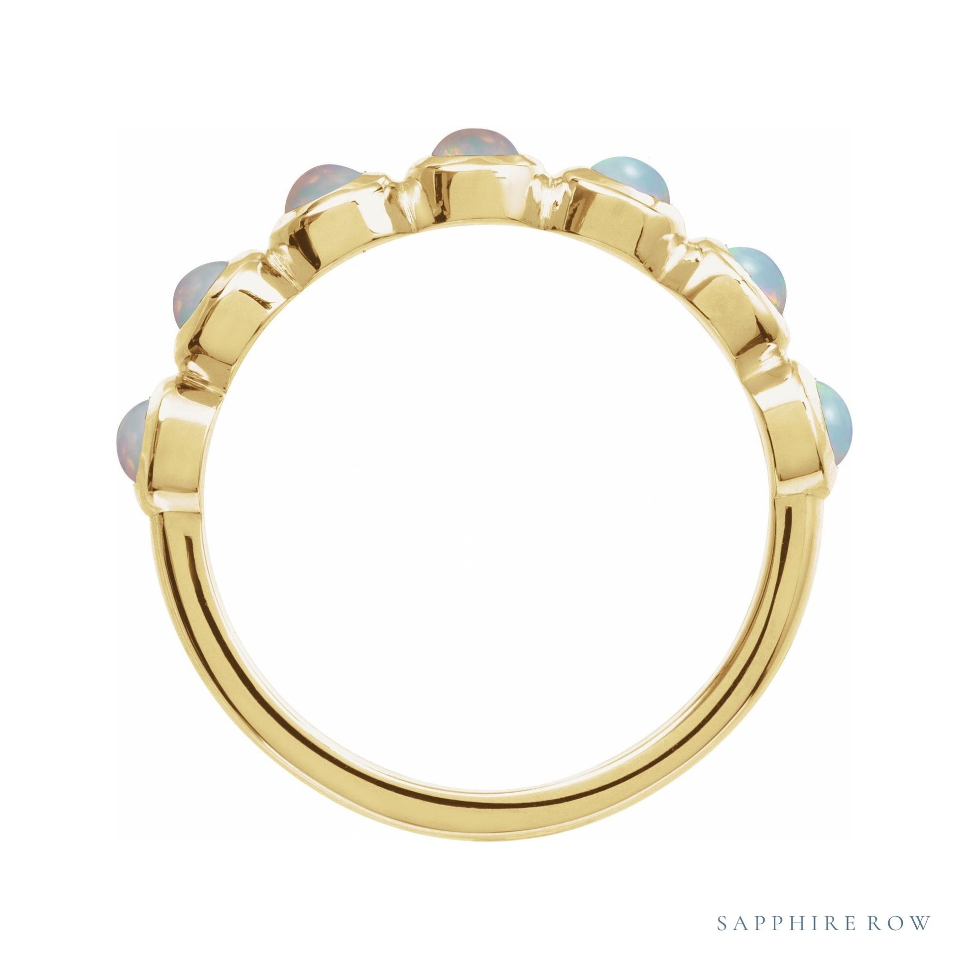 Sapphire Row Natural Cabochon Bezel Half Eternity Ring - White Opal, 14K Yellow Gold (view 2)