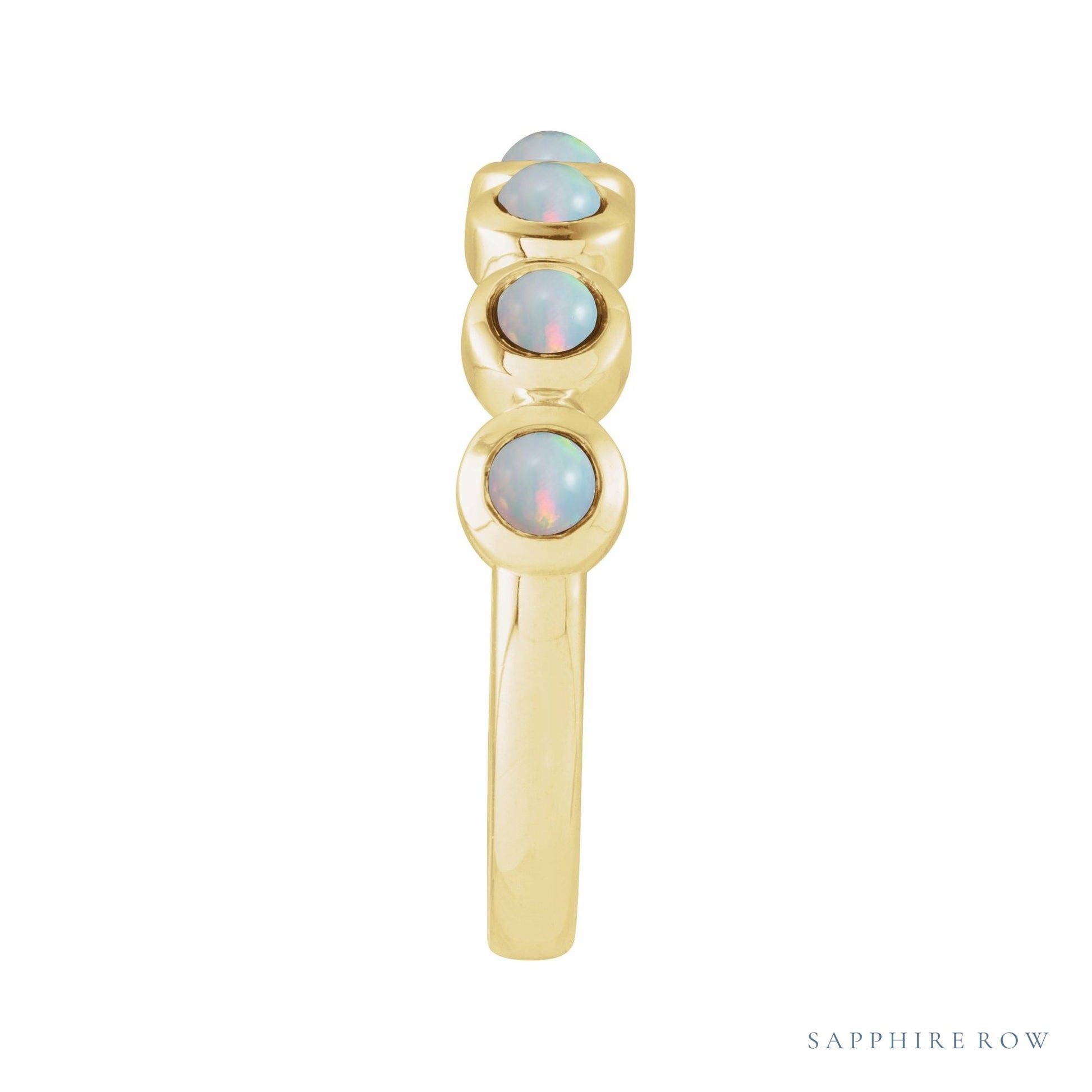 Sapphire Row Natural Cabochon Bezel Half Eternity Ring - White Opal, 14K Yellow Gold (view 3)