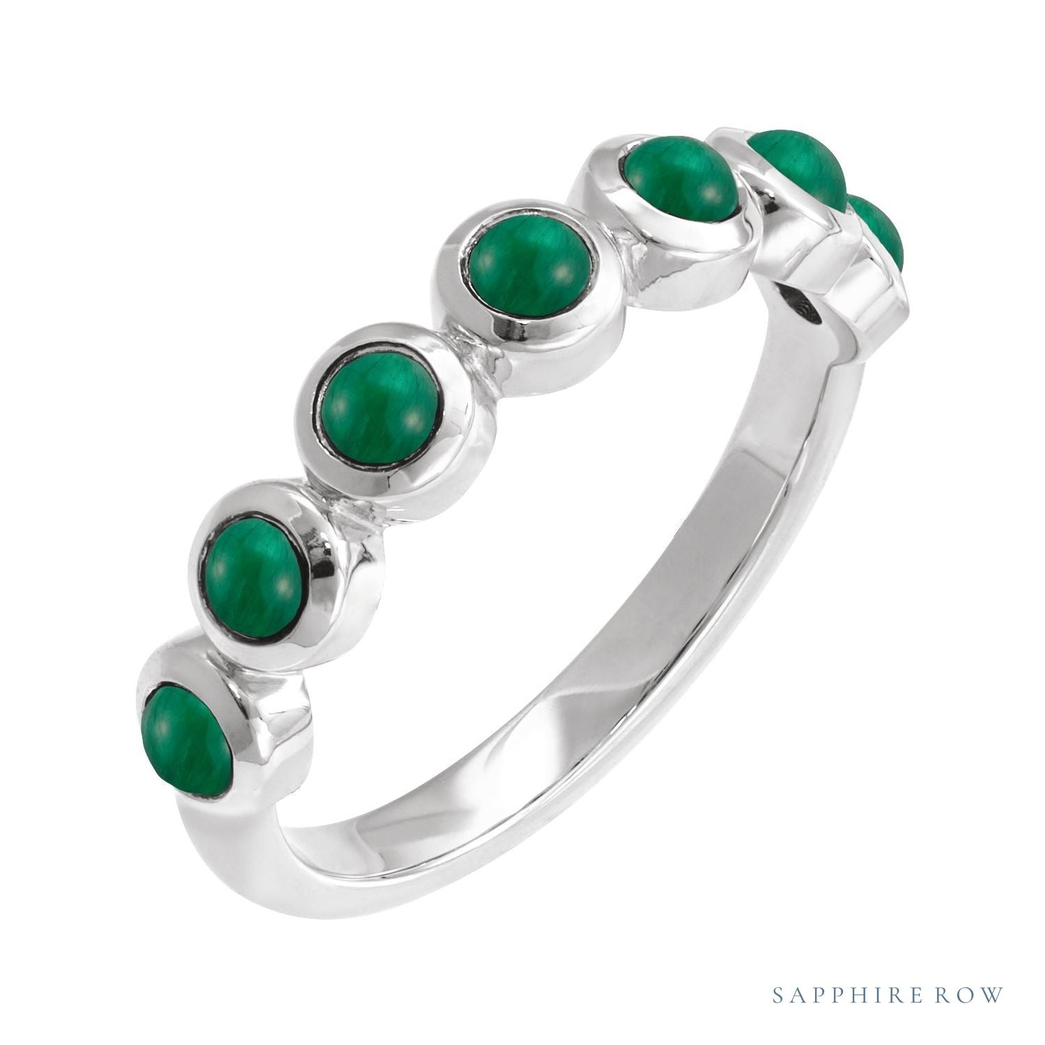 Sapphire Row Natural Cabochon Bezel Half Eternity Ring - Emerald, 14K White Gold