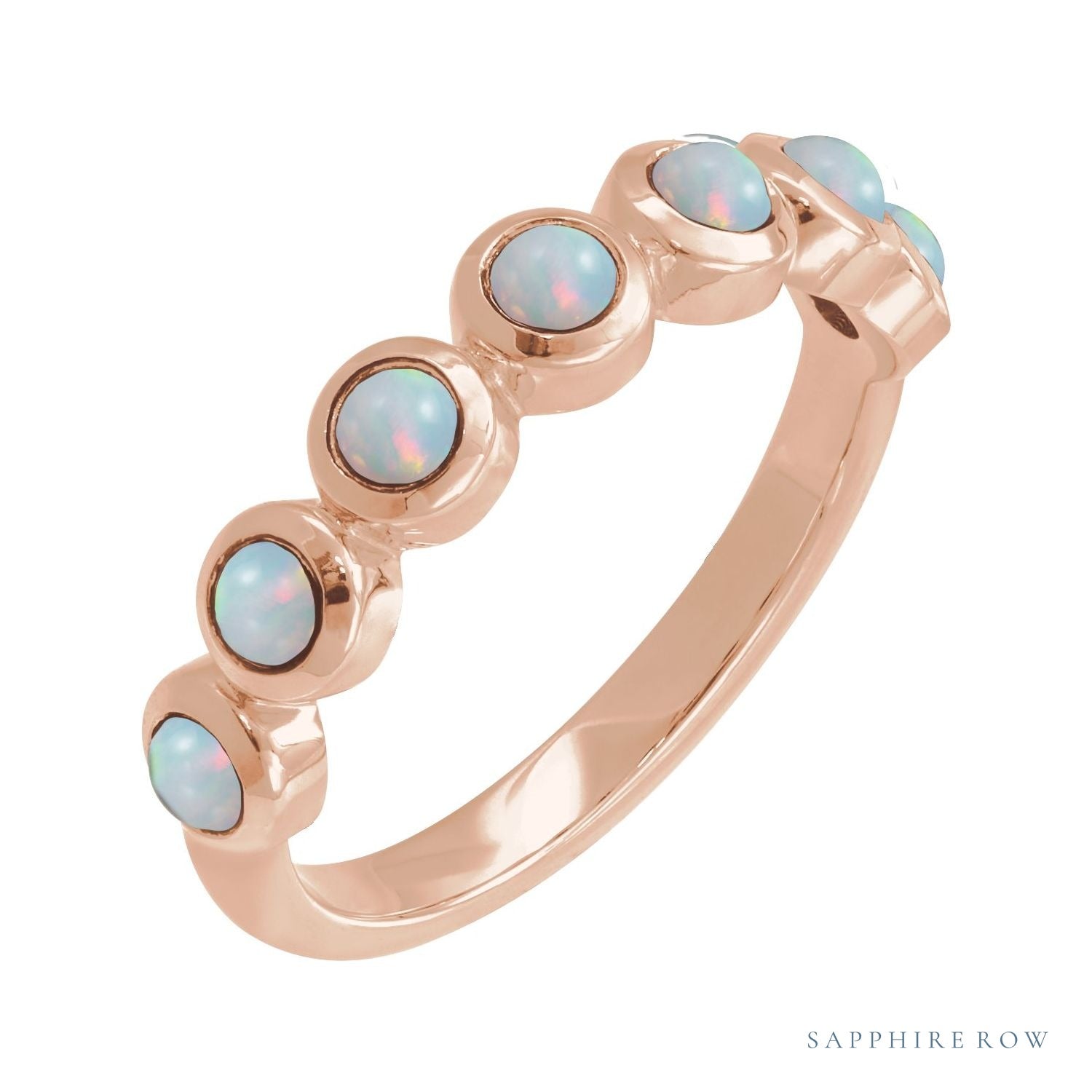 Sapphire Row Natural Cabochon Bezel Half Eternity Ring - White Opal, 14K Rose Gold