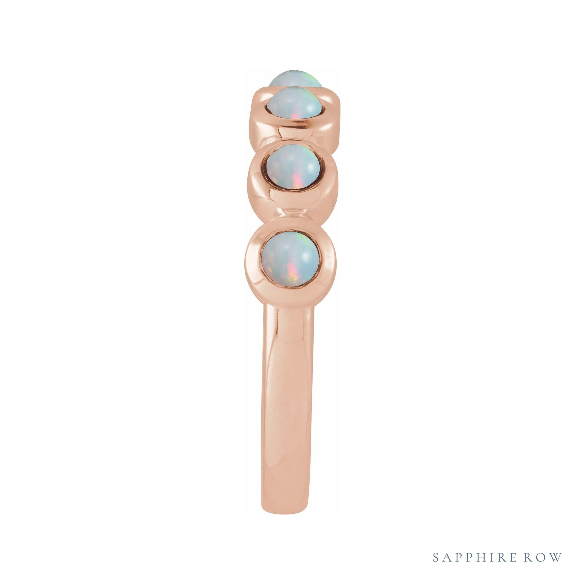 Sapphire Row Natural Cabochon Bezel Half Eternity Ring - White Opal, 14K Rose Gold (view 3)
