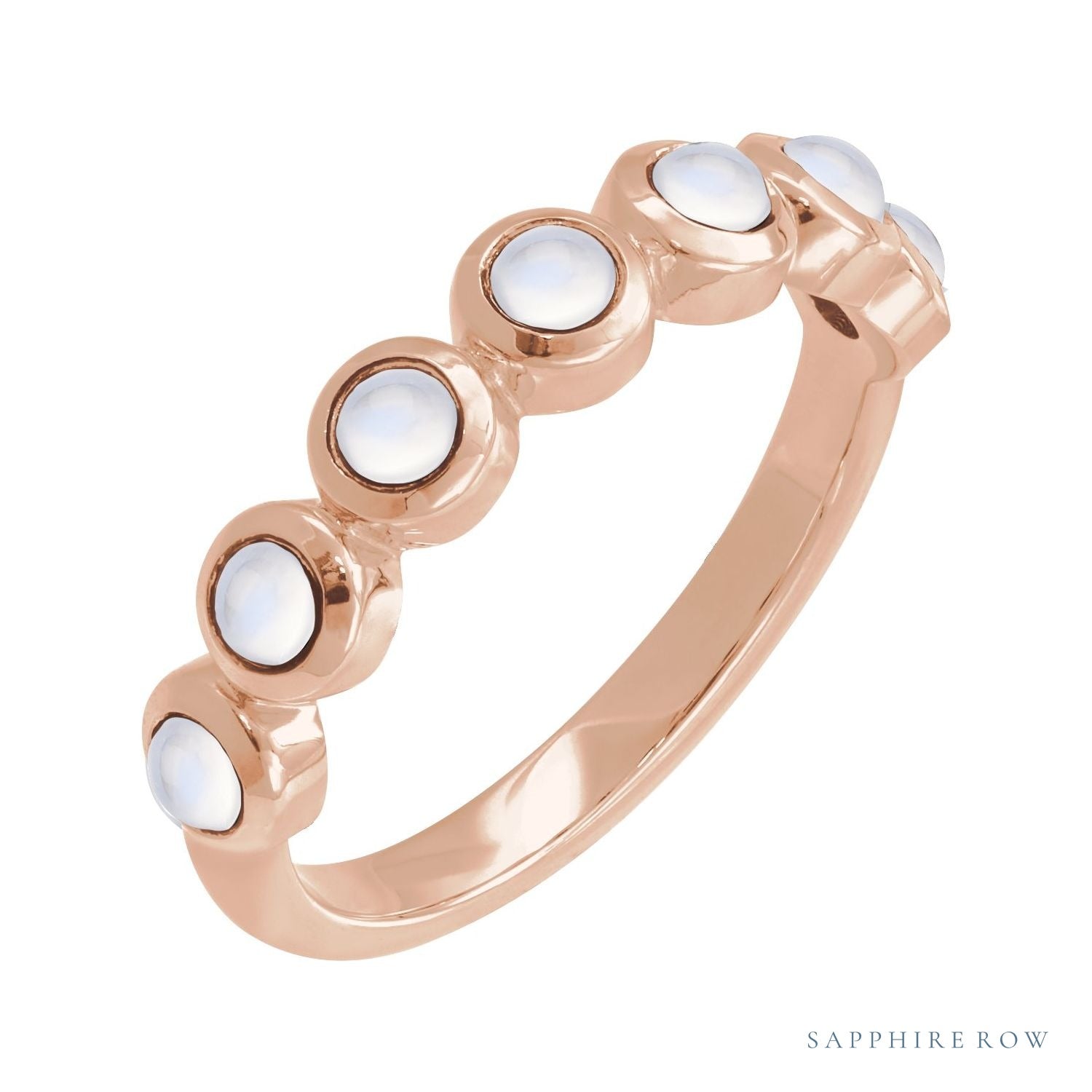Sapphire Row Natural Cabochon Bezel Half Eternity Ring - Rainbow Moonstone, 14K Rose Gold