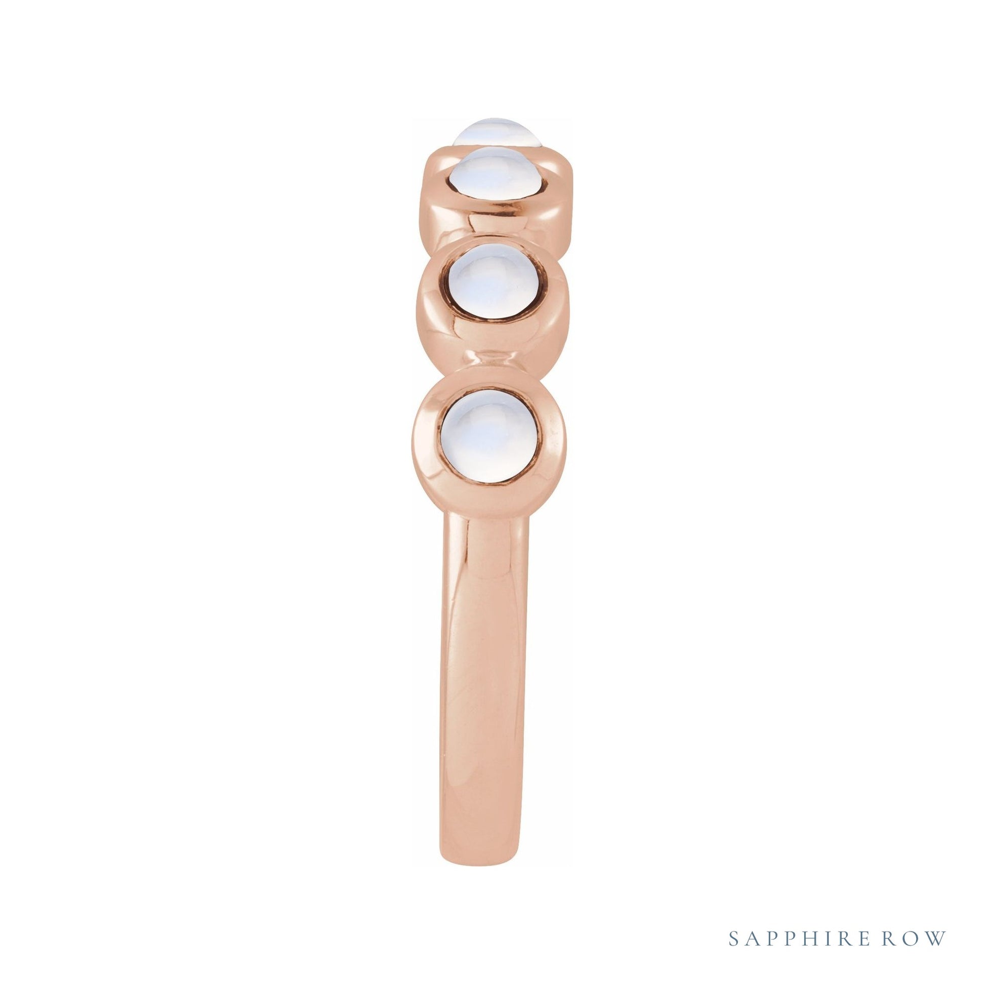 Sapphire Row Natural Cabochon Bezel Half Eternity Ring - Rainbow Moonstone, 14K Rose Gold (view 3)