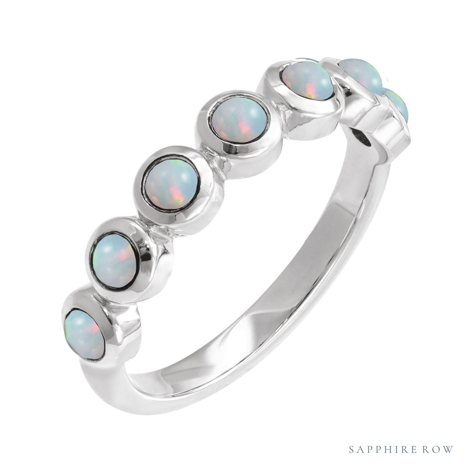 Sapphire Row Natural Cabochon Bezel Half Eternity Ring - White Opal, Platinum