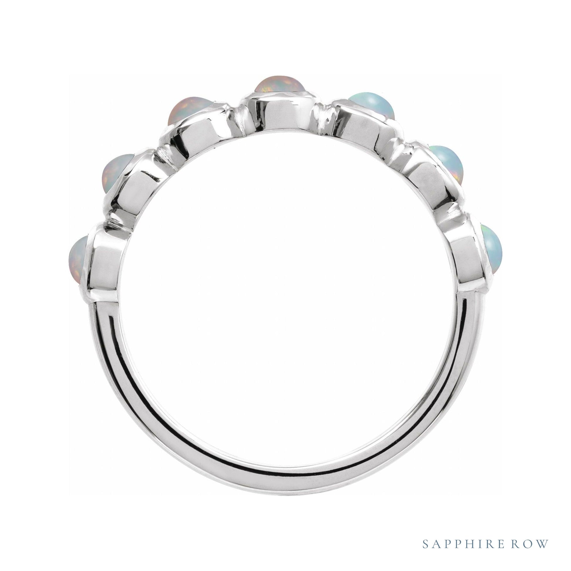 Sapphire Row Natural Cabochon Bezel Half Eternity Ring - White Opal, Platinum (view 2)