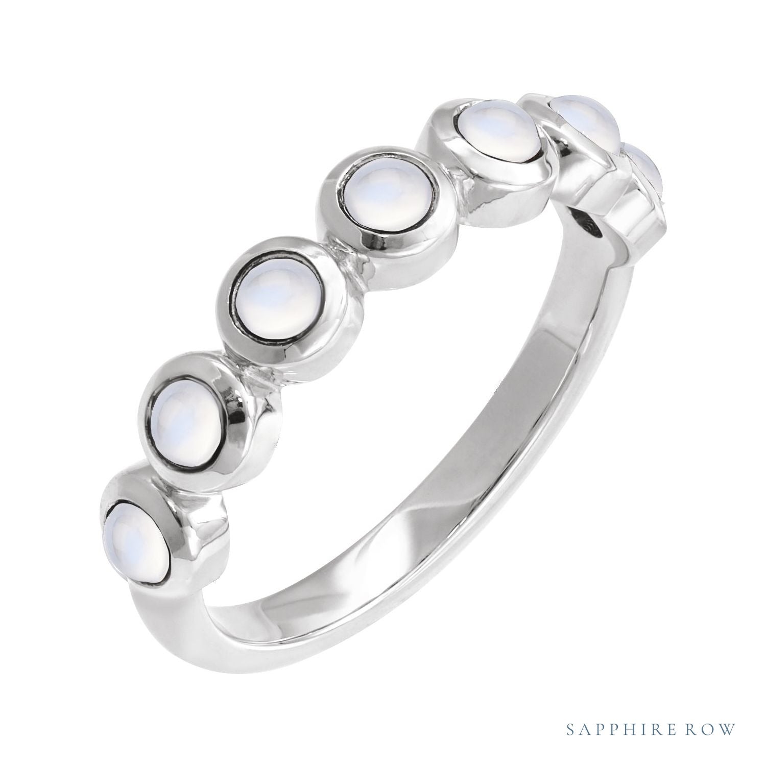 Sapphire Row Natural Cabochon Bezel Half Eternity Ring - Rainbow Moonstone, 14K White Gold