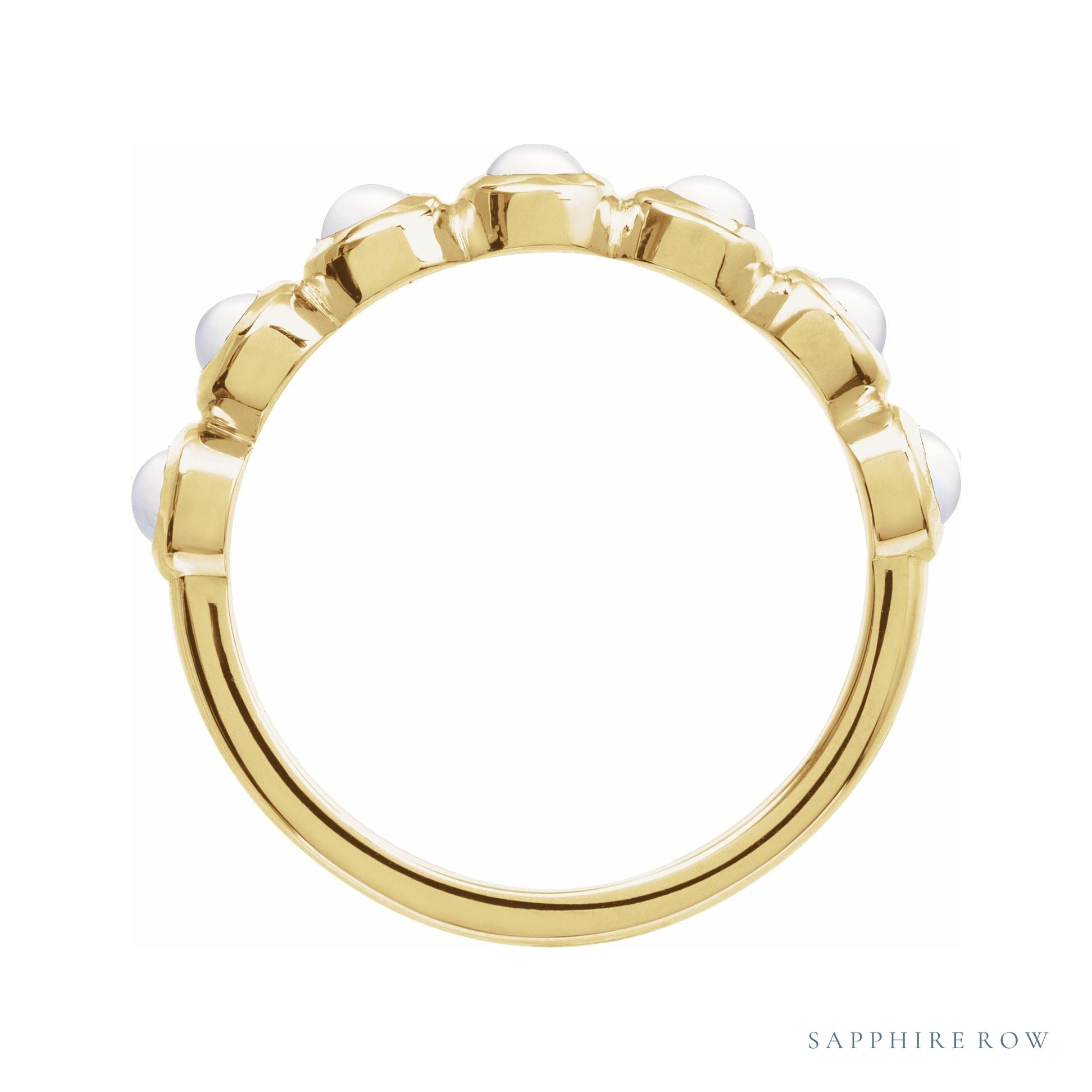 Sapphire Row Natural Cabochon Bezel Half Eternity Ring - Rainbow Moonstone, 14K Yellow Gold (view 2)