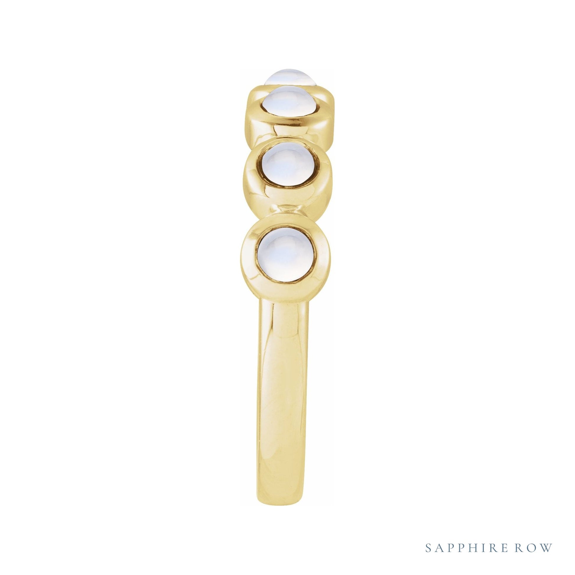 Sapphire Row Natural Cabochon Bezel Half Eternity Ring - Rainbow Moonstone, 14K Yellow Gold (view 3)