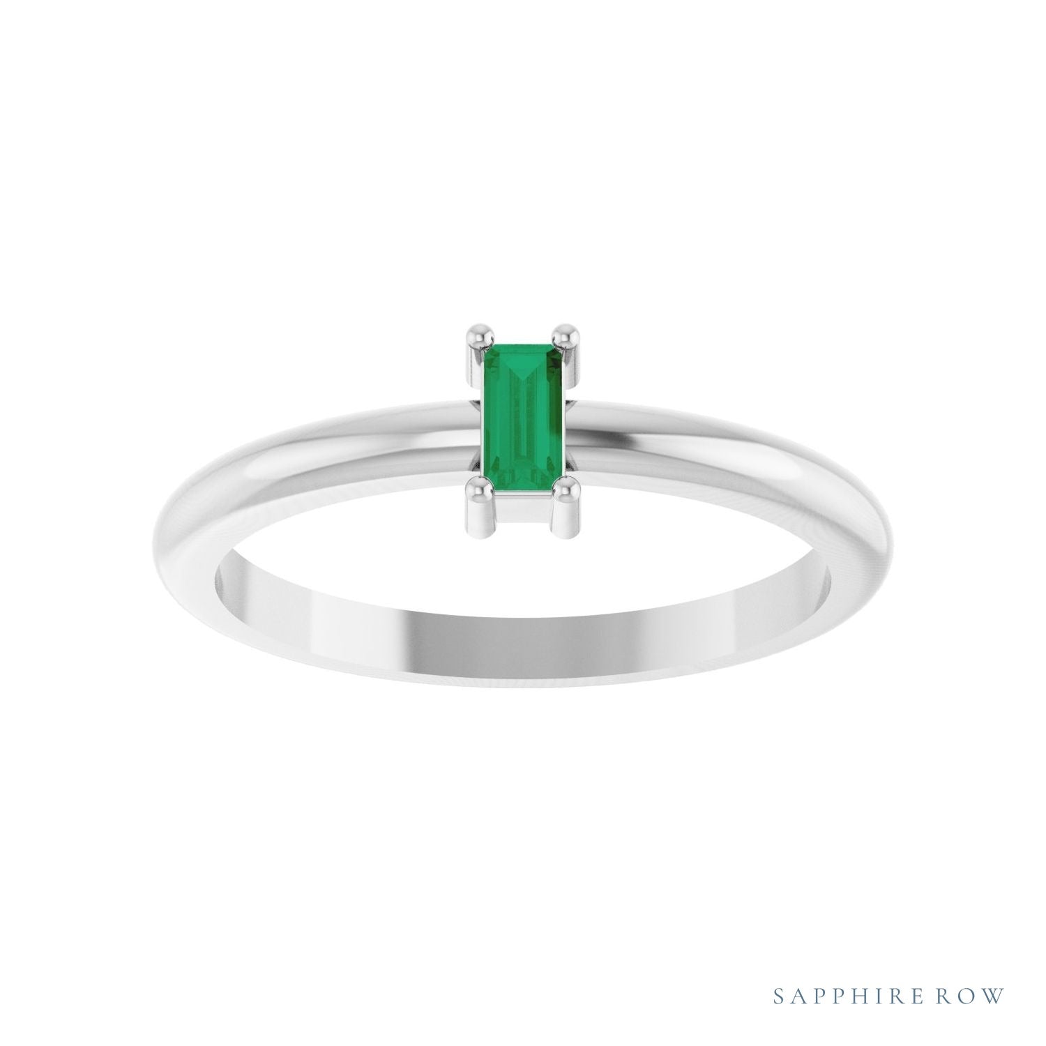 Sapphire Row Natural Gemstone Baguette Solitaire Ring - Emerald, Platinum (view 3)