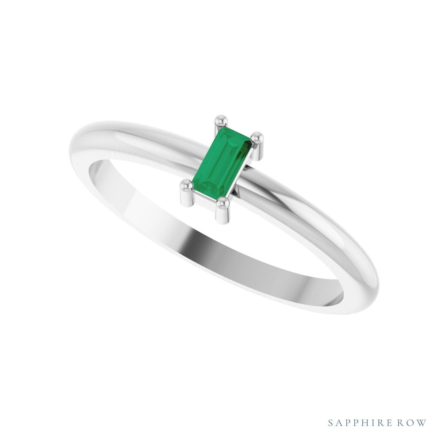 Sapphire Row Natural Gemstone Baguette Solitaire Ring - Emerald, Platinum (view 5)