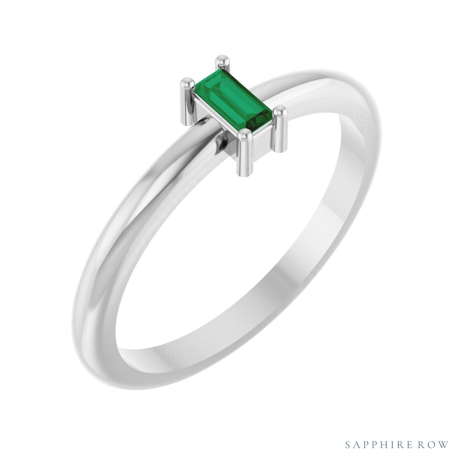 Sapphire Row Natural Gemstone Baguette Solitaire Ring - Emerald, 14K White Gold