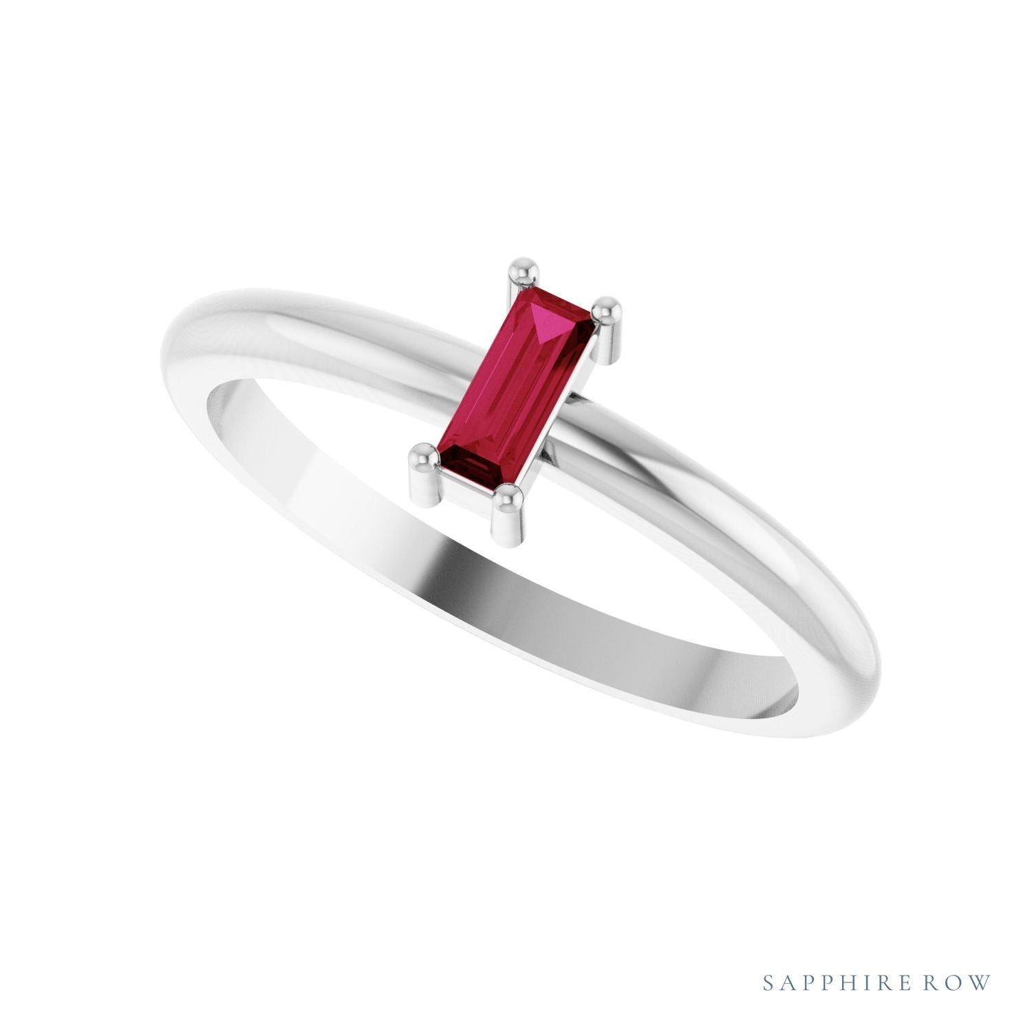 Sapphire Row Natural Gemstone Baguette Solitaire Ring - Ruby, 14K White Gold (view 5)