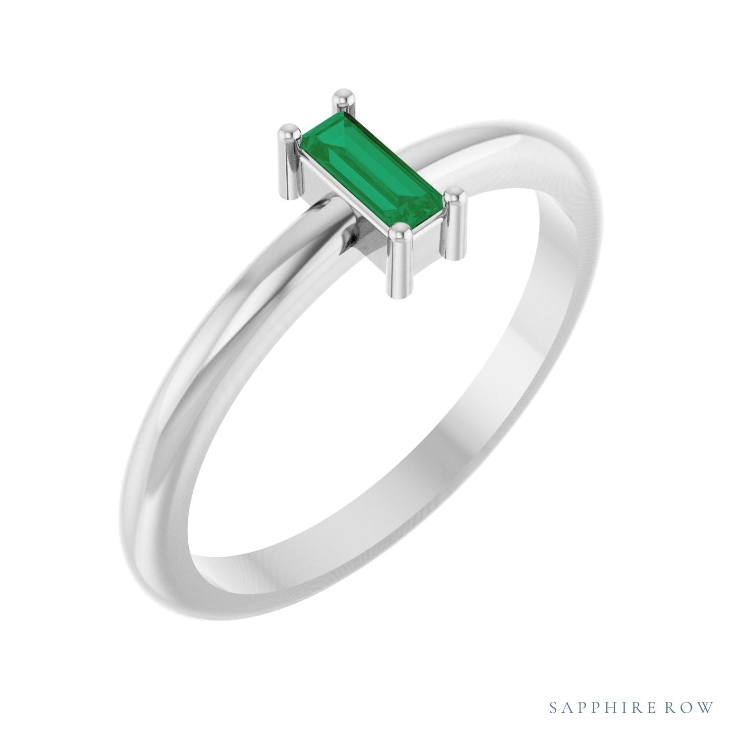 Sapphire Row Lab-Grown Gemstone Baguette Solitaire Ring - Emerald, Platinum