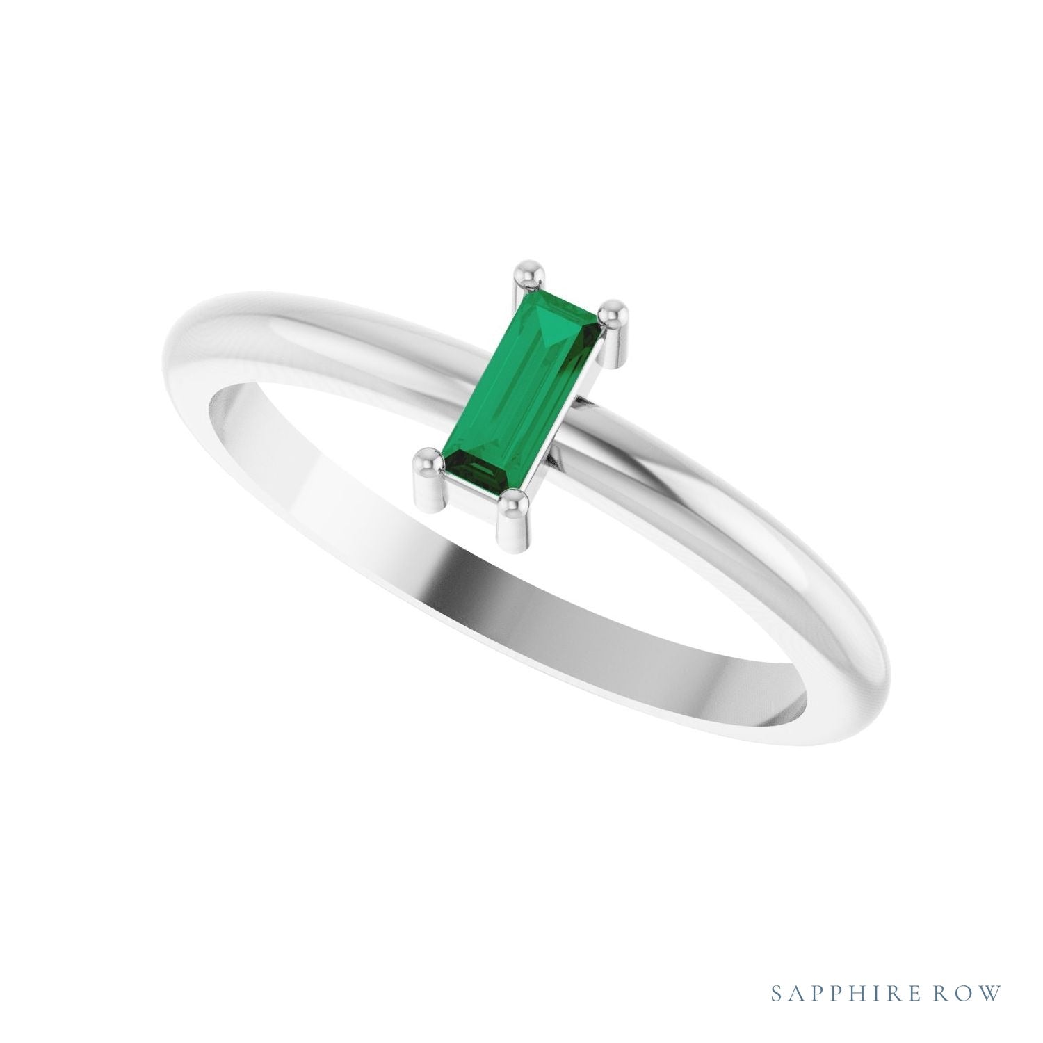 Sapphire Row Lab-Grown Gemstone Baguette Solitaire Ring - Emerald, Platinum (view 5)