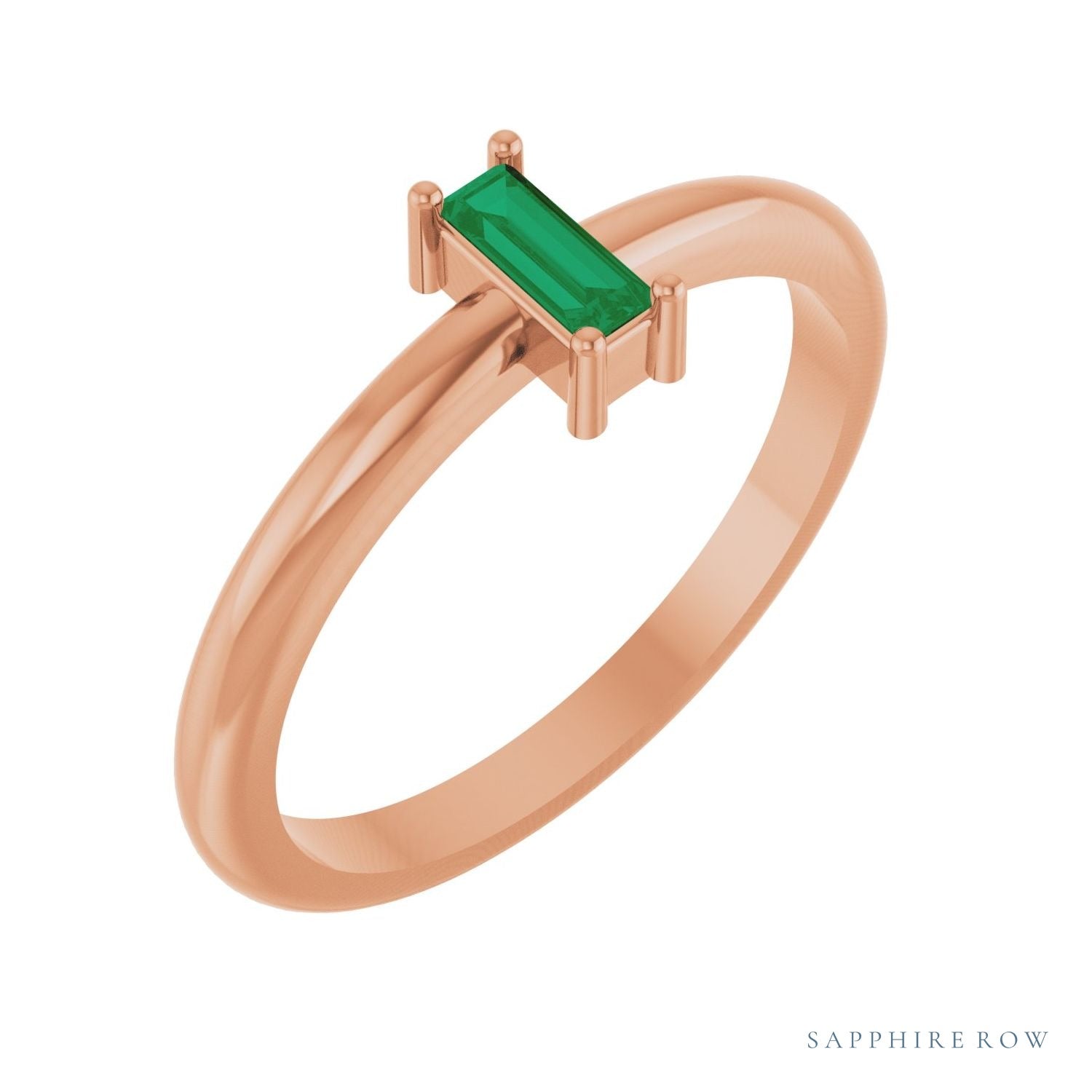 Sapphire Row Lab-Grown Gemstone Baguette Solitaire Ring - Emerald, 14K Rose Gold