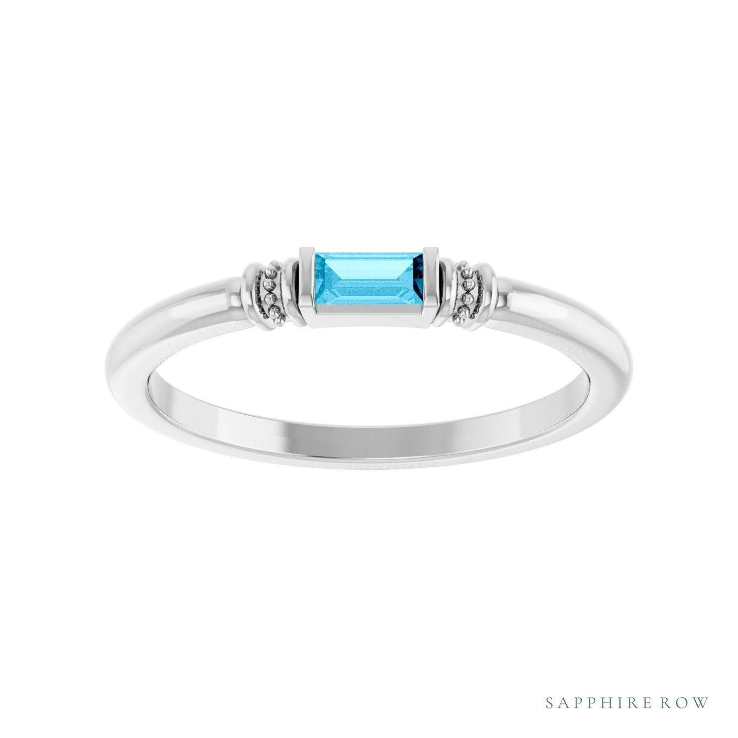 Sapphire Row Lab-Grown Gemstone Baguette Stacking Ring - Aqua Sapphire, 14K White Gold (view 3)