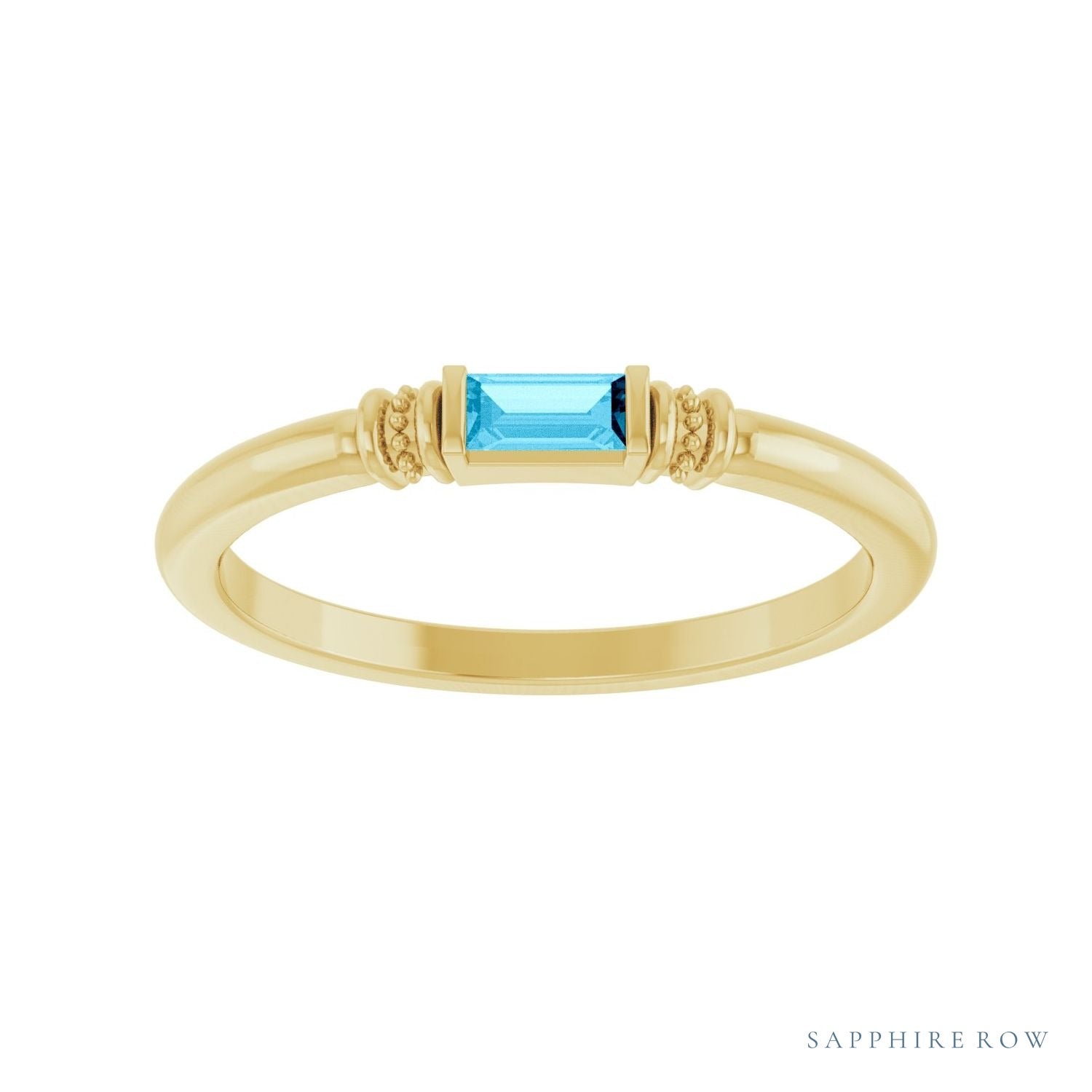 Sapphire Row Lab-Grown Gemstone Baguette Stacking Ring - Aqua Sapphire, 14K Yellow Gold (view 3)
