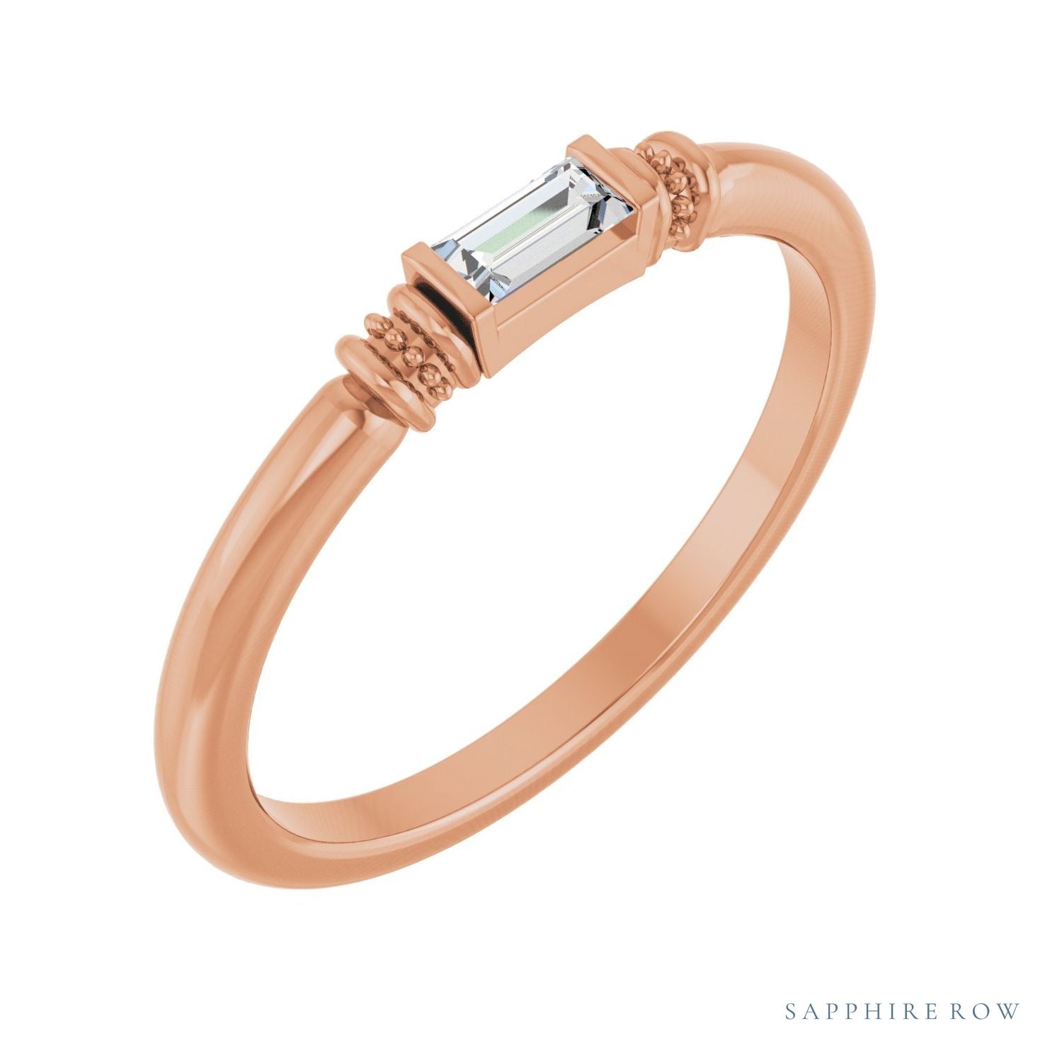 Sapphire Row Lab-Grown Gemstone Baguette Stacking Ring - Moissanite, 14K Rose Gold