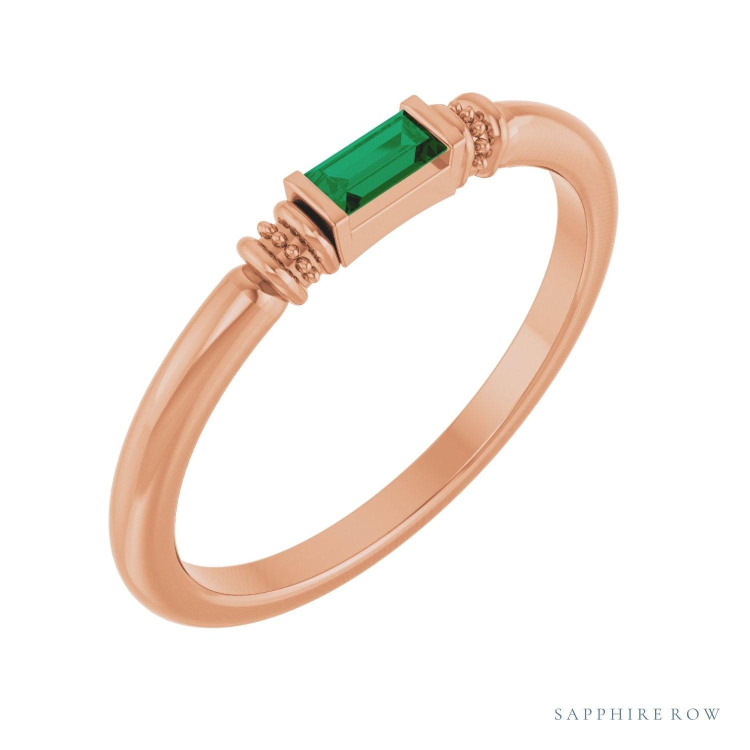 Sapphire Row Lab-Grown Gemstone Baguette Stacking Ring - Emerald, 14K Rose Gold