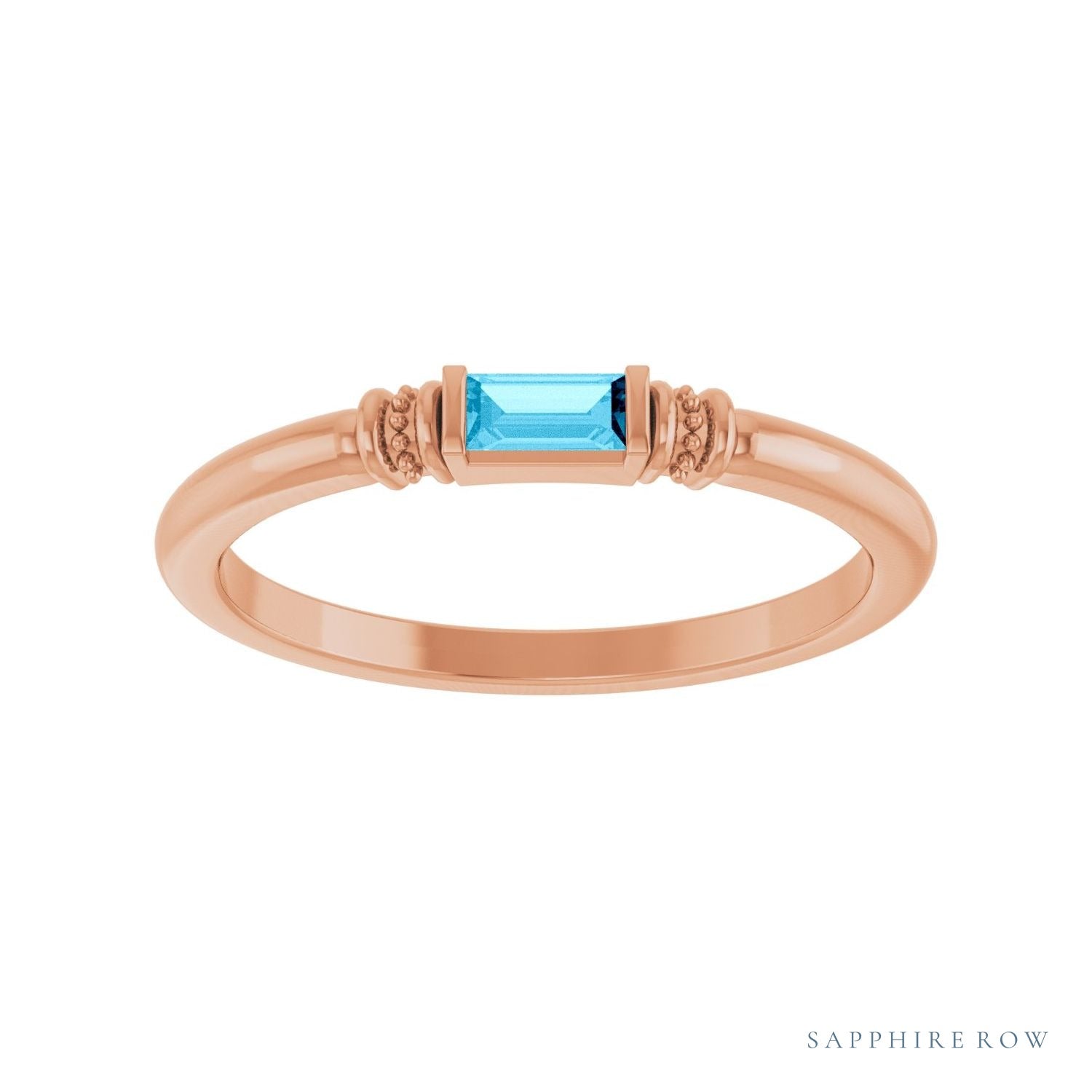 Sapphire Row Lab-Grown Gemstone Baguette Stacking Ring - Aqua Sapphire, 14K Rose Gold (view 3)