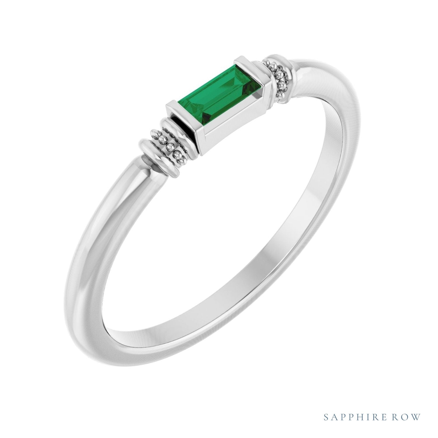 Sapphire Row Lab-Grown Gemstone Baguette Stacking Ring - Emerald, 14K White Gold