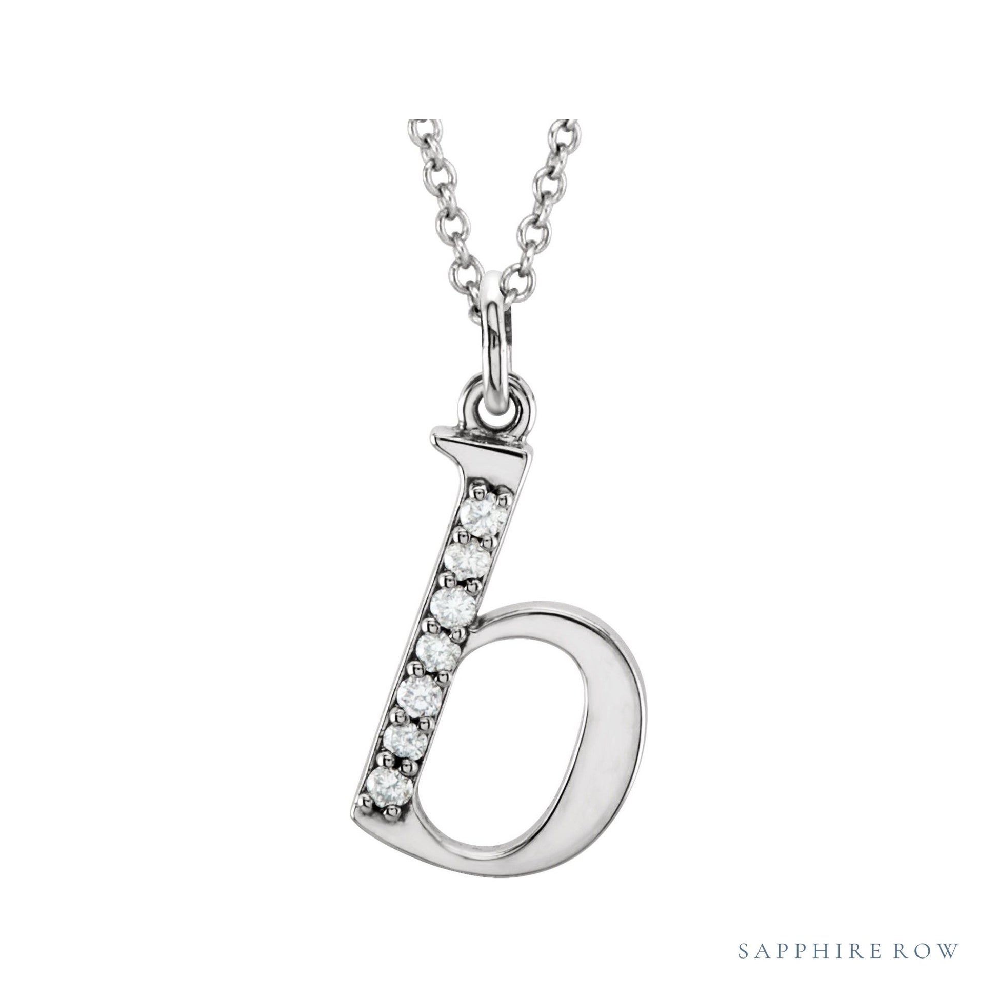 Sapphire Row Natural Diamond Lowercase Initial Necklace - b, 14K White Gold
