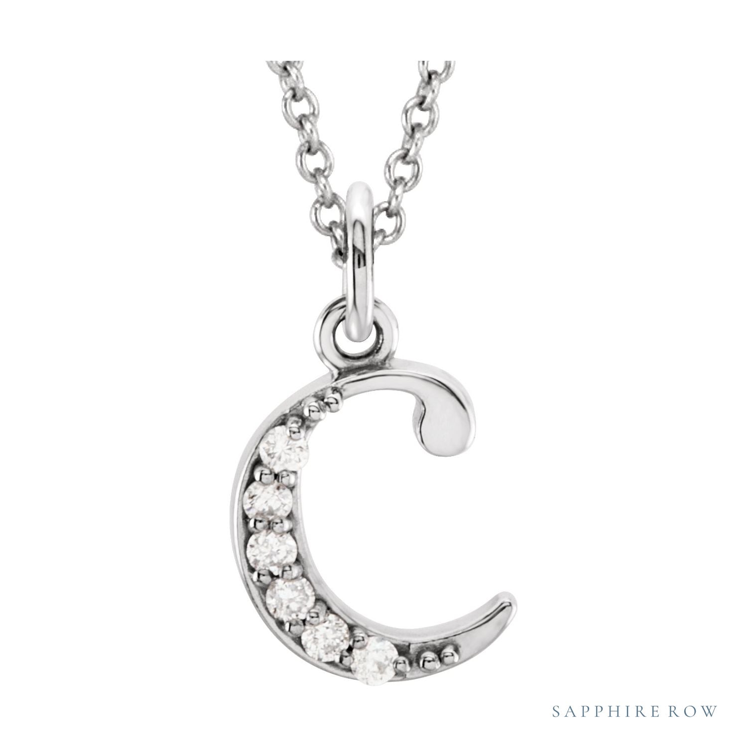 Sapphire Row Natural Diamond Lowercase Initial Necklace - c, 14K White Gold
