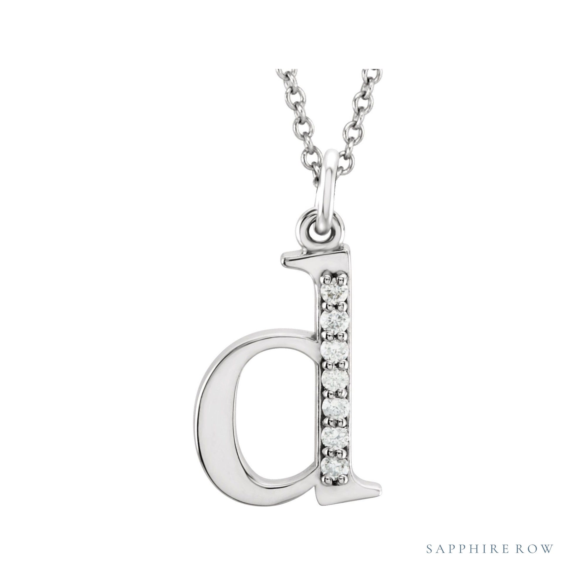 Sapphire Row Natural Diamond Lowercase Initial Necklace - d, 14K White Gold