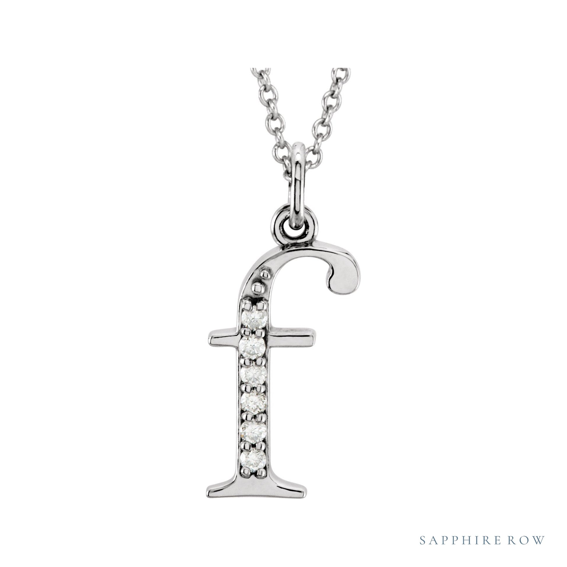 Sapphire Row Natural Diamond Lowercase Initial Necklace - f, 14K White Gold