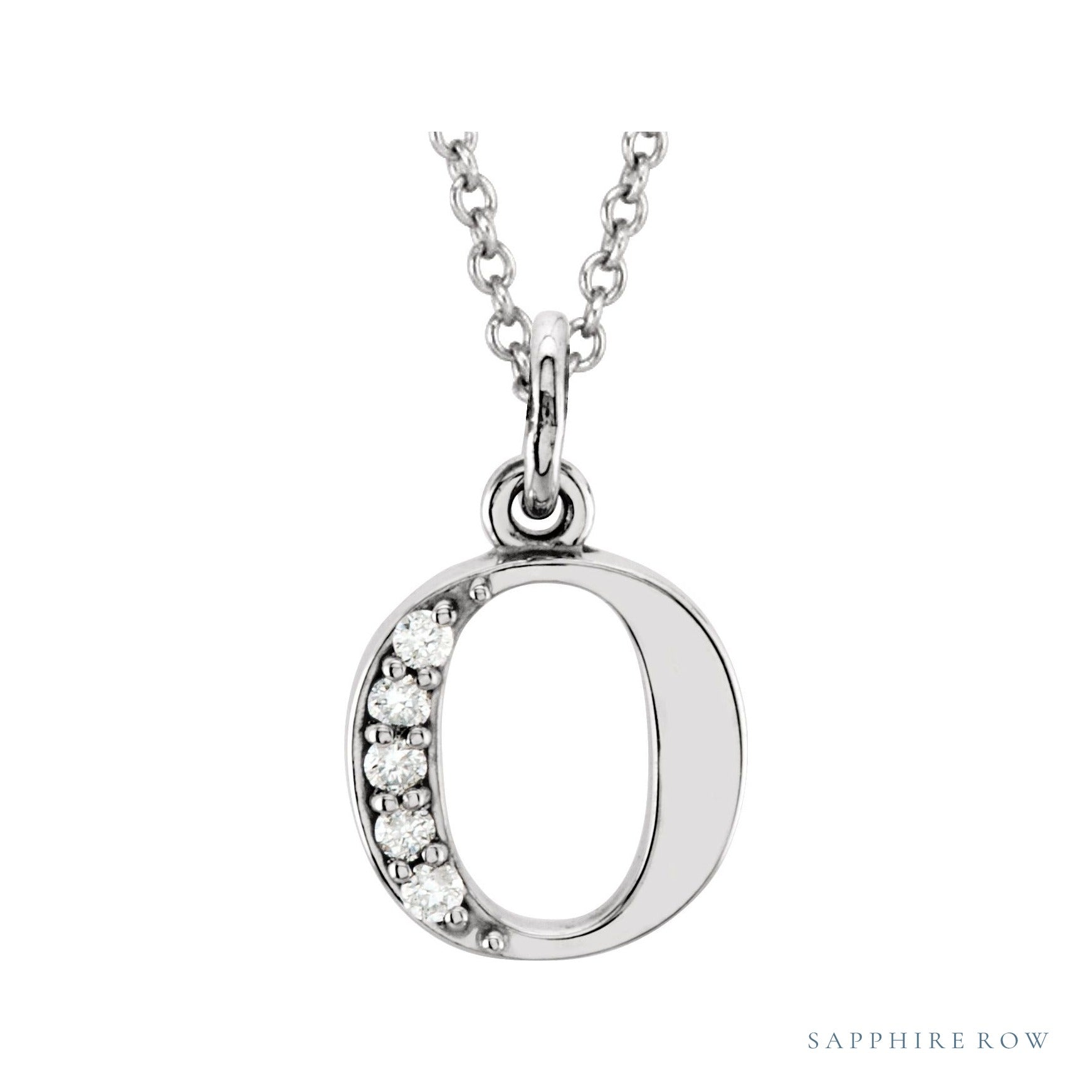 Sapphire Row Natural Diamond Lowercase Initial Necklace - o, 14K White Gold