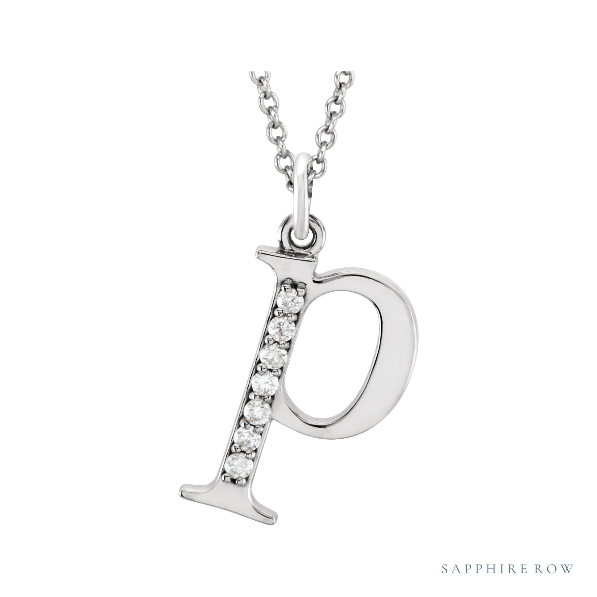 Sapphire Row Natural Diamond Lowercase Initial Necklace - p, 14K White Gold