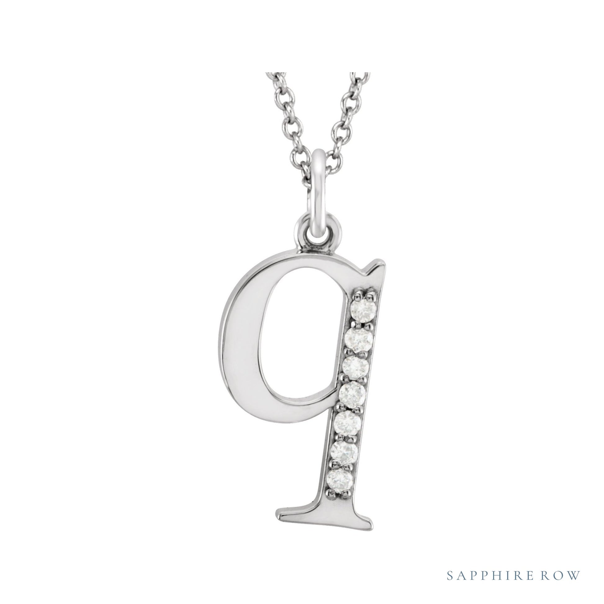 Sapphire Row Natural Diamond Lowercase Initial Necklace - q, 14K White Gold