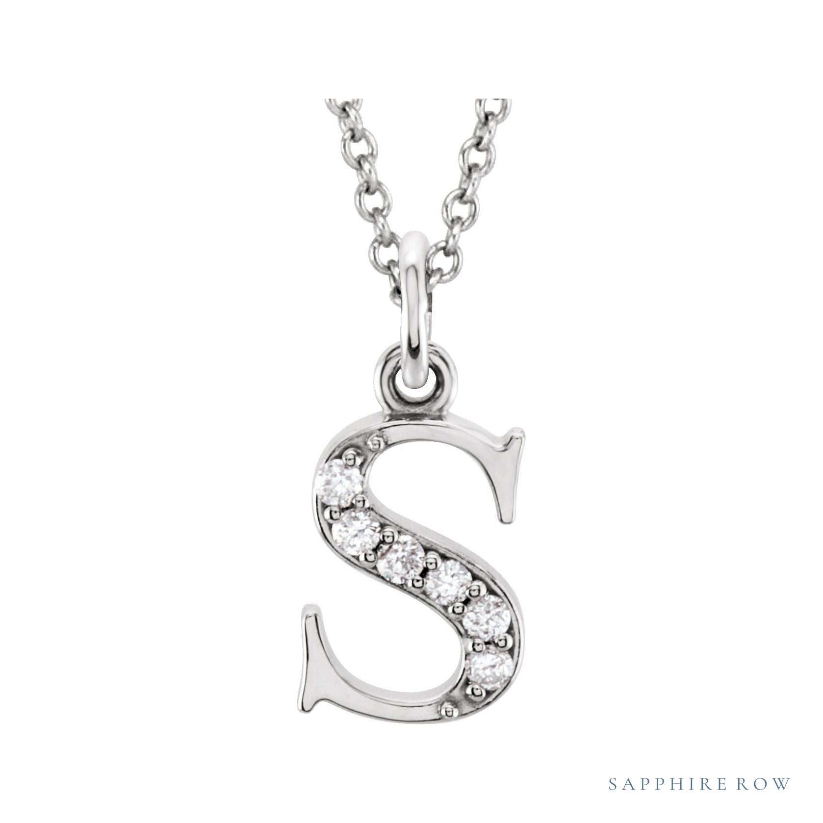 Sapphire Row Natural Diamond Lowercase Initial Necklace - s, 14K White Gold