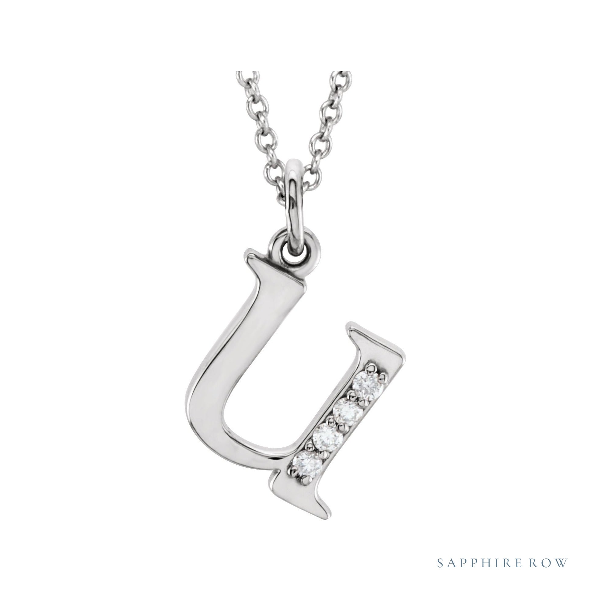 Sapphire Row Natural Diamond Lowercase Initial Necklace - u, 14K White Gold