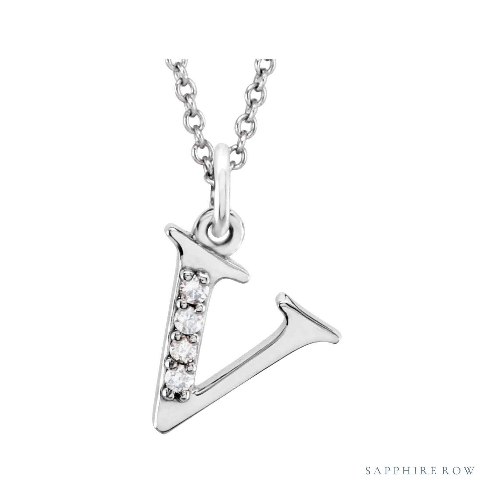 Sapphire Row Natural Diamond Lowercase Initial Necklace - v, 14K White Gold