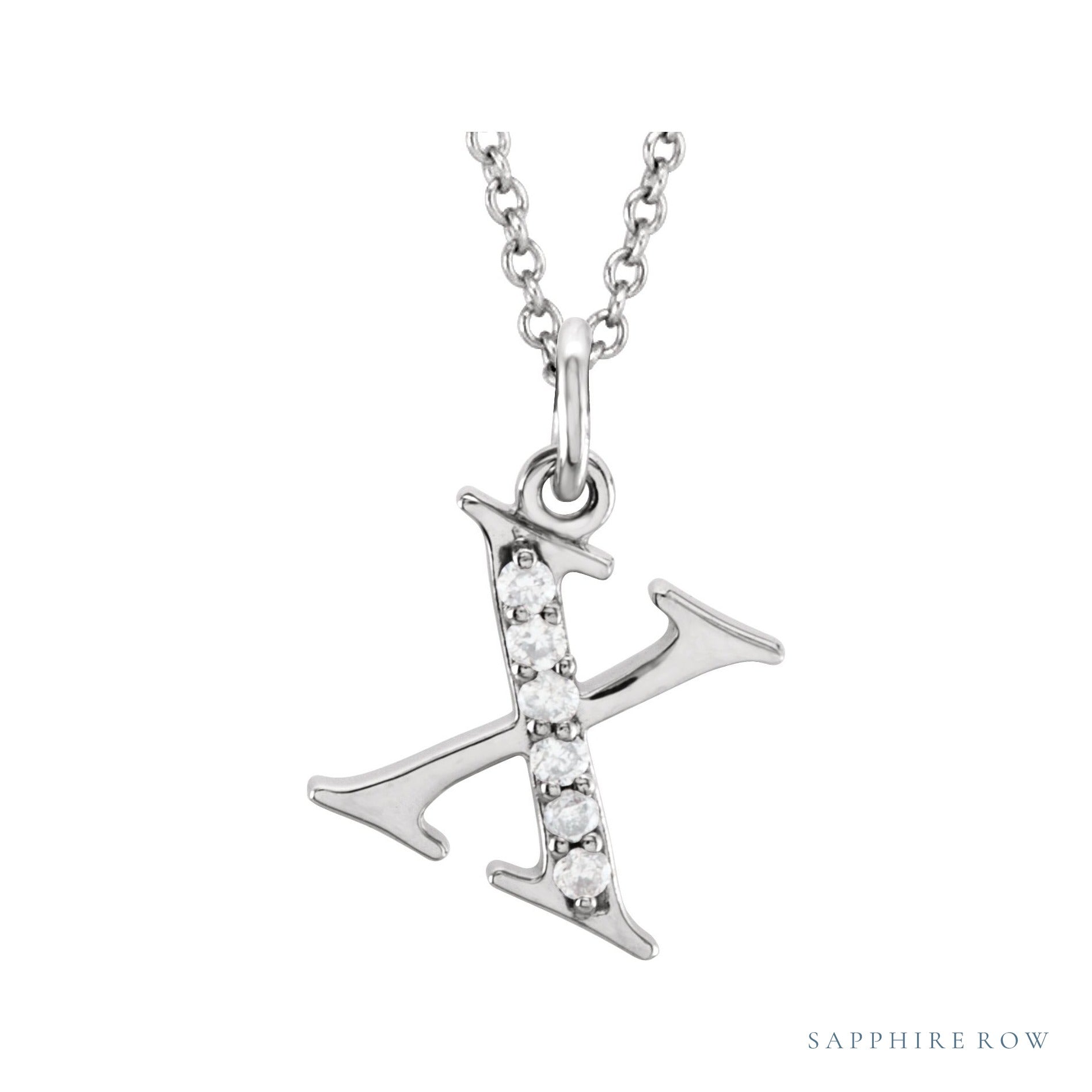 Sapphire Row Natural Diamond Lowercase Initial Necklace - x, 14K White Gold