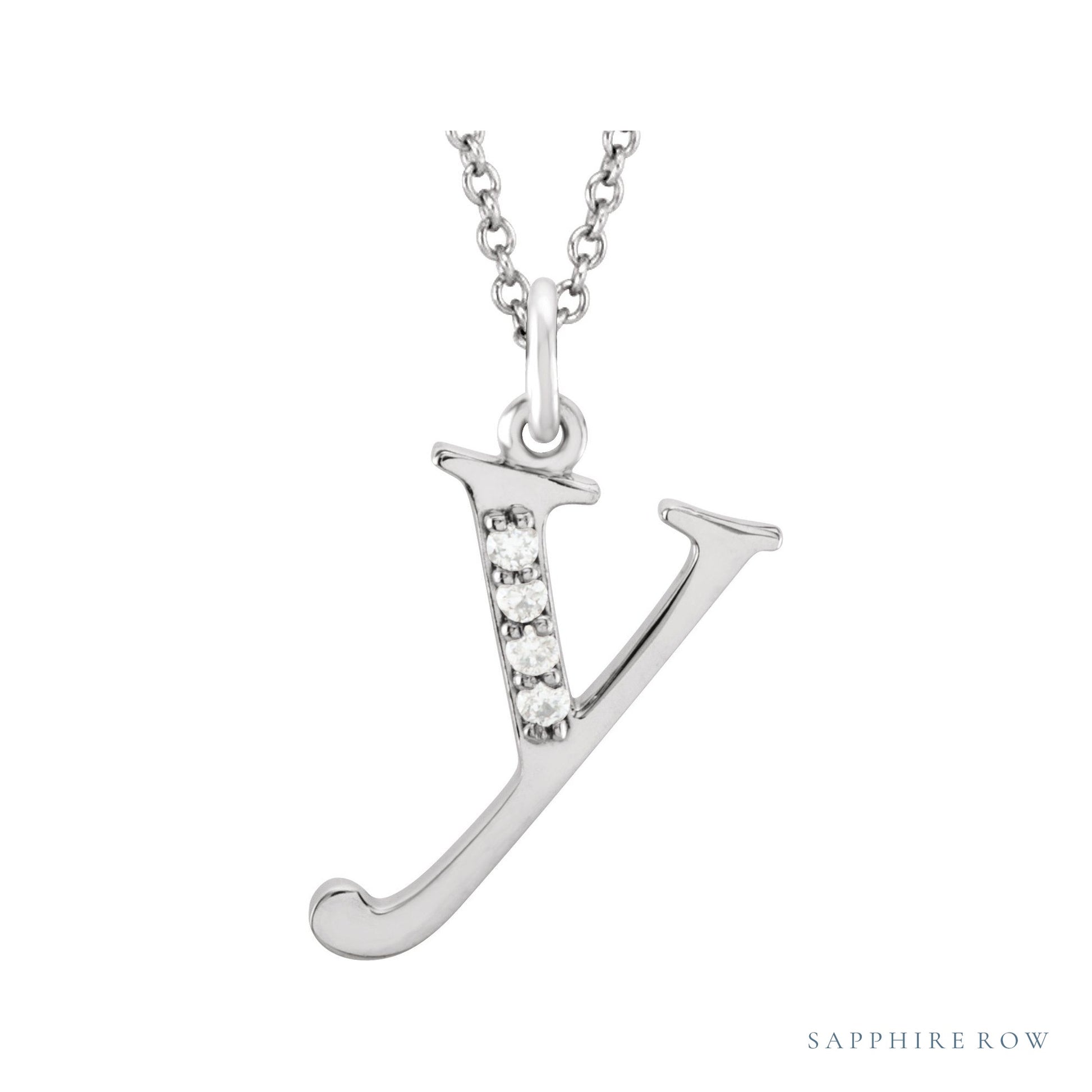 Sapphire Row Natural Diamond Lowercase Initial Necklace - y, 14K White Gold