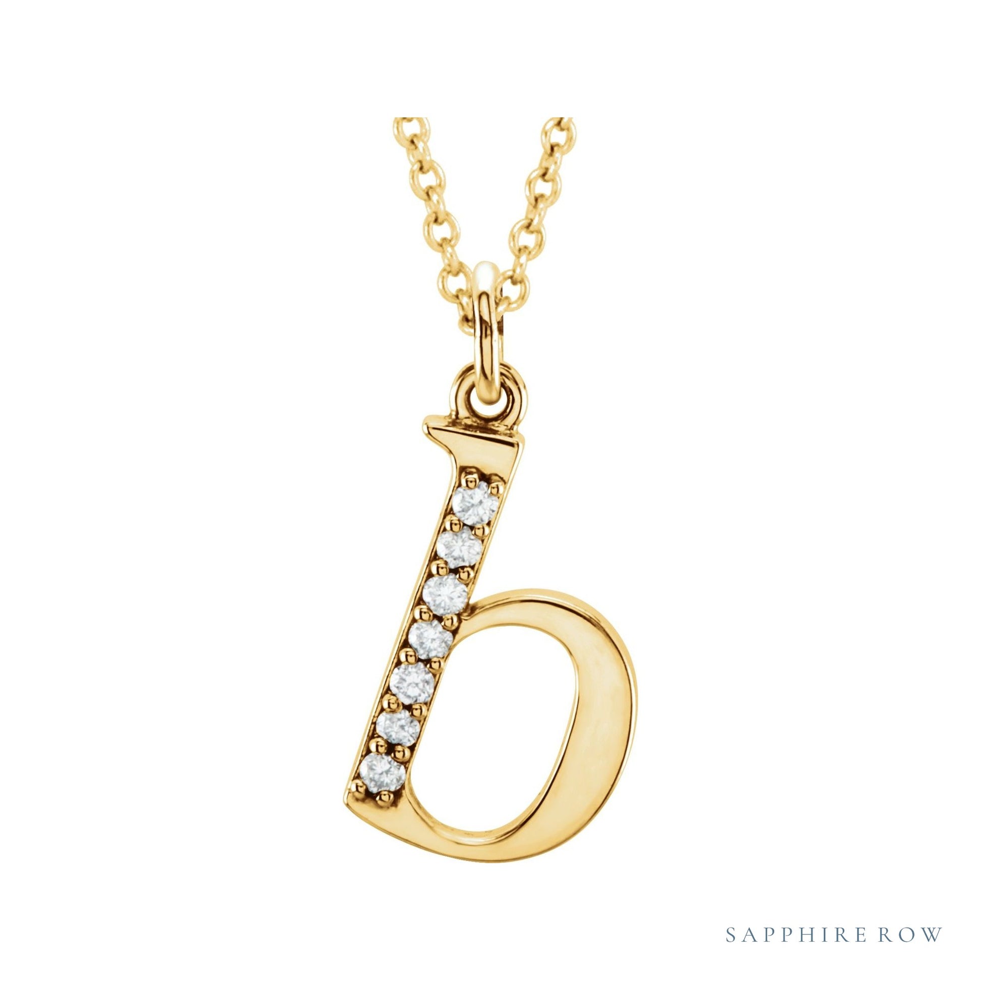 Sapphire Row Natural Diamond Lowercase Initial Necklace - b, 14K Yellow Gold