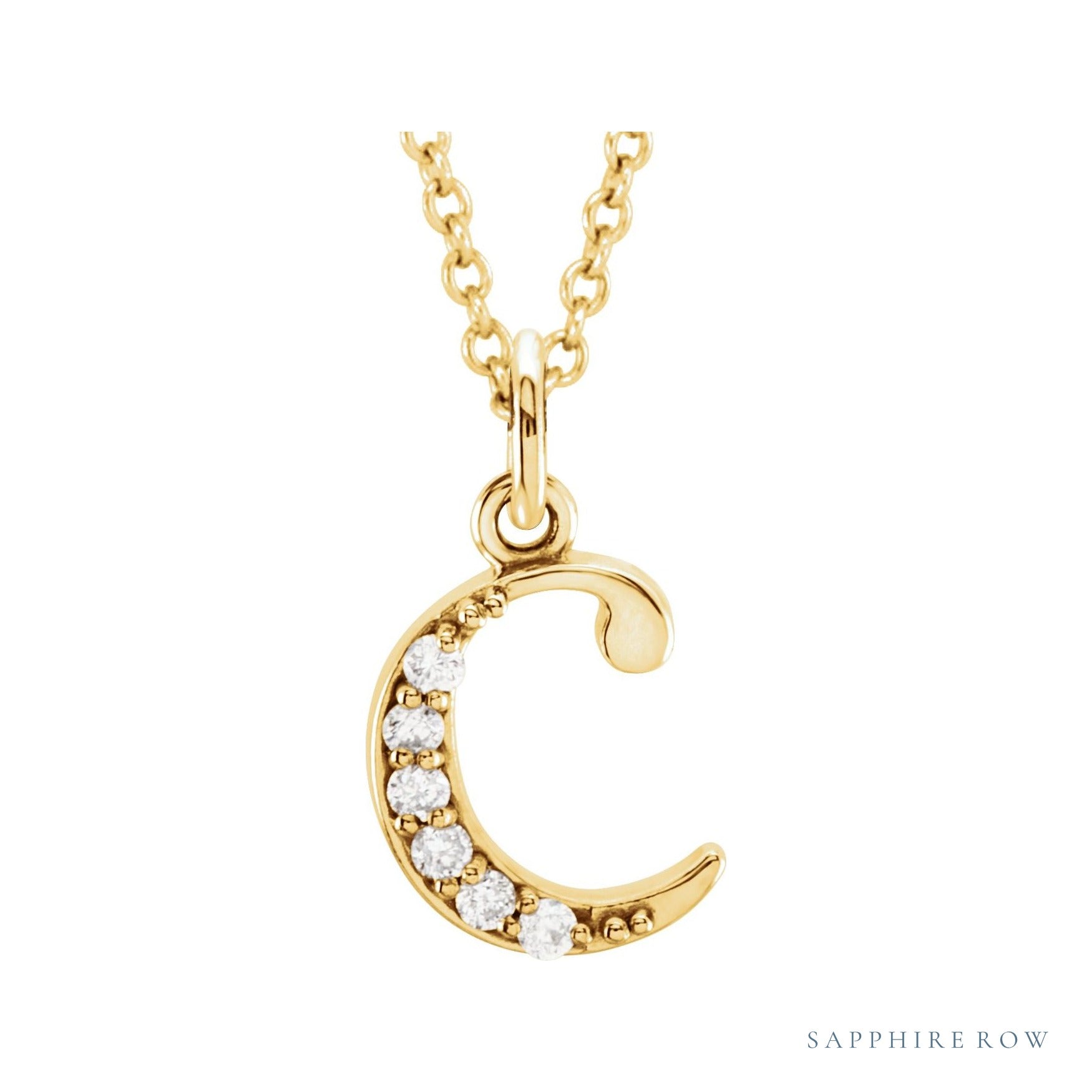 Sapphire Row Natural Diamond Lowercase Initial Necklace - c, 14K Yellow Gold