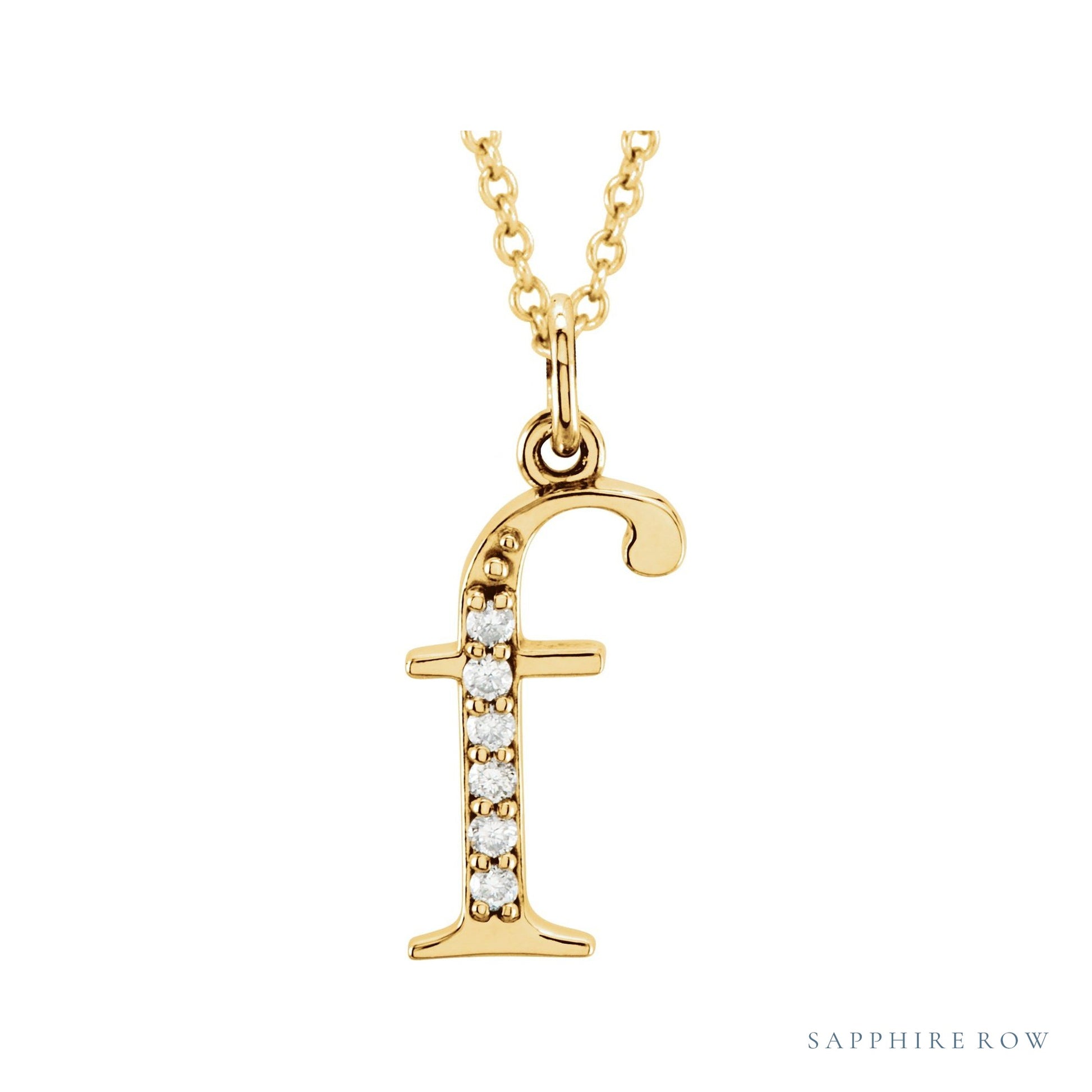 Sapphire Row Natural Diamond Lowercase Initial Necklace - f, 14K Yellow Gold