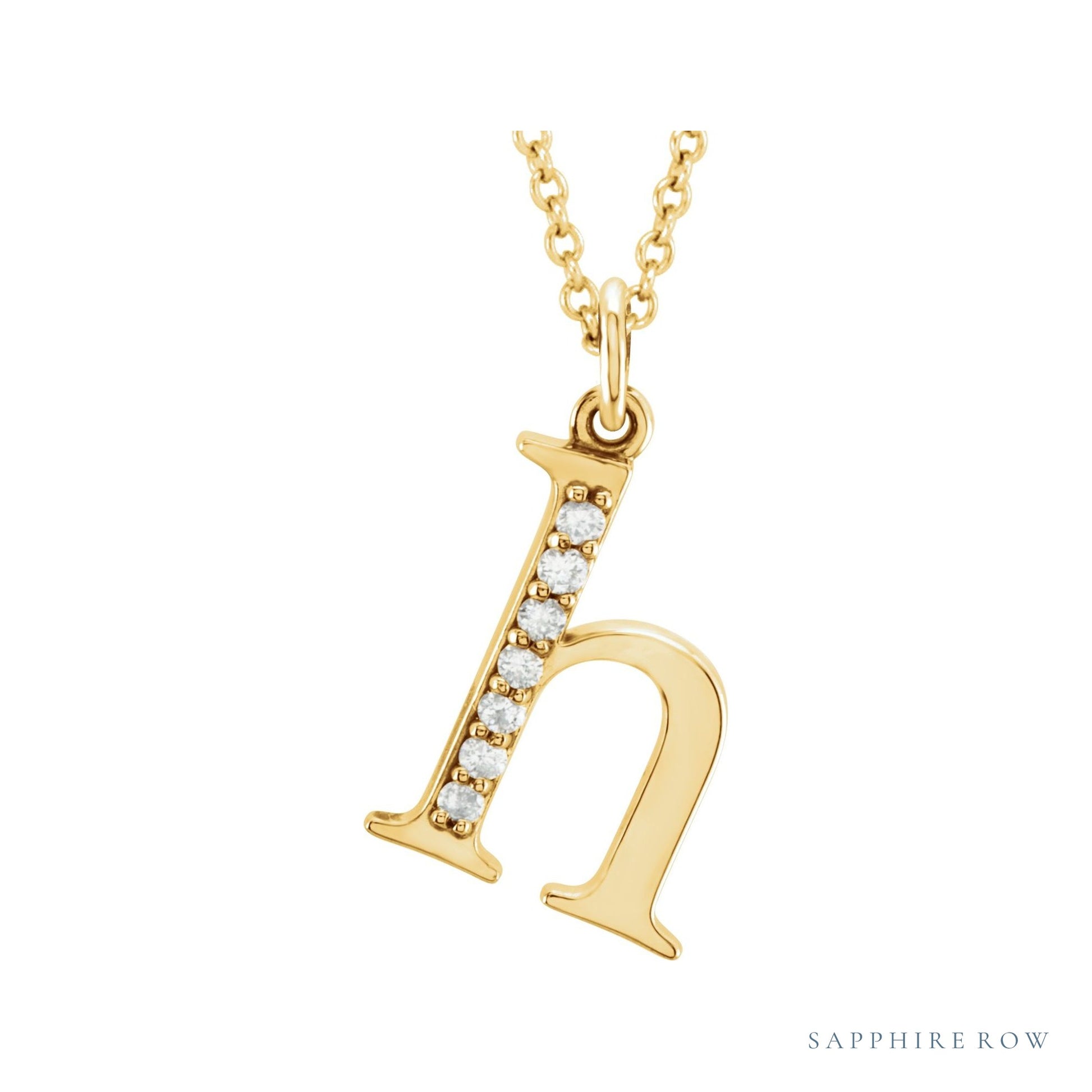 Sapphire Row Natural Diamond Lowercase Initial Necklace - h, 14K Yellow Gold