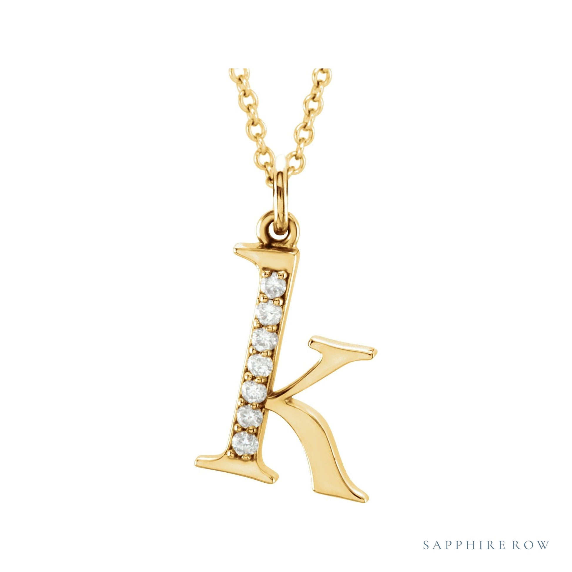 Sapphire Row Natural Diamond Lowercase Initial Necklace - k, 14K Yellow Gold