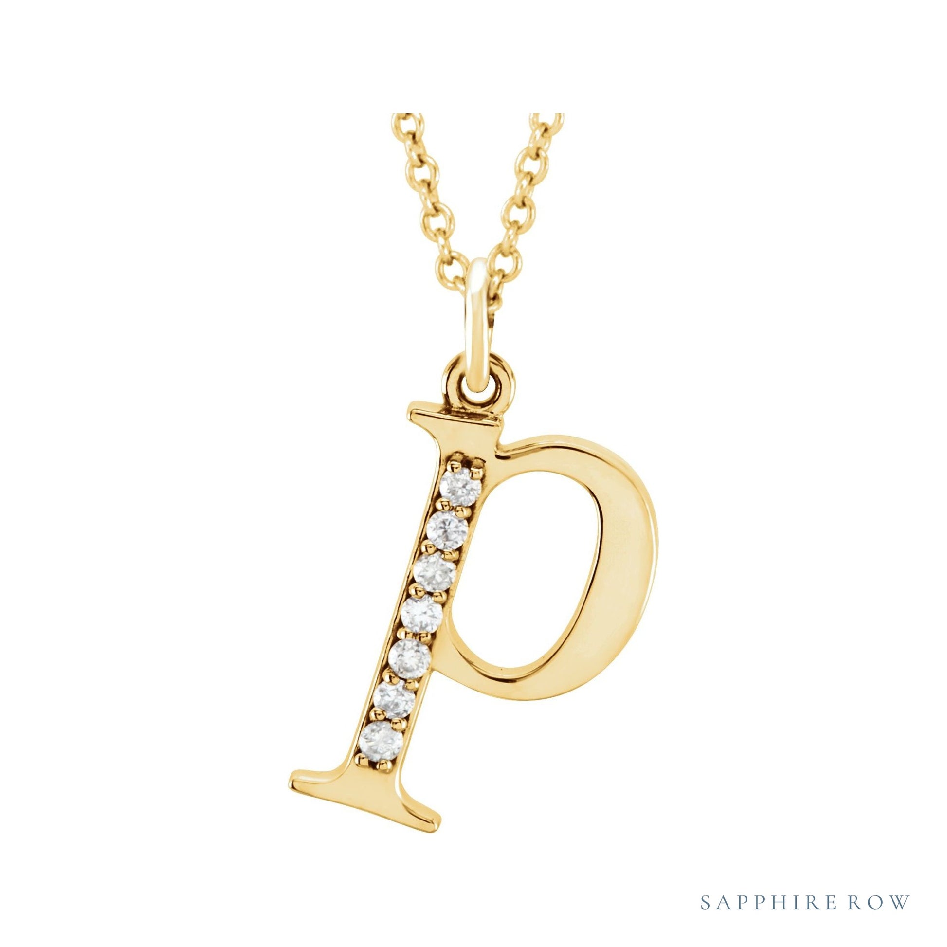 Sapphire Row Natural Diamond Lowercase Initial Necklace - p, 14K Yellow Gold