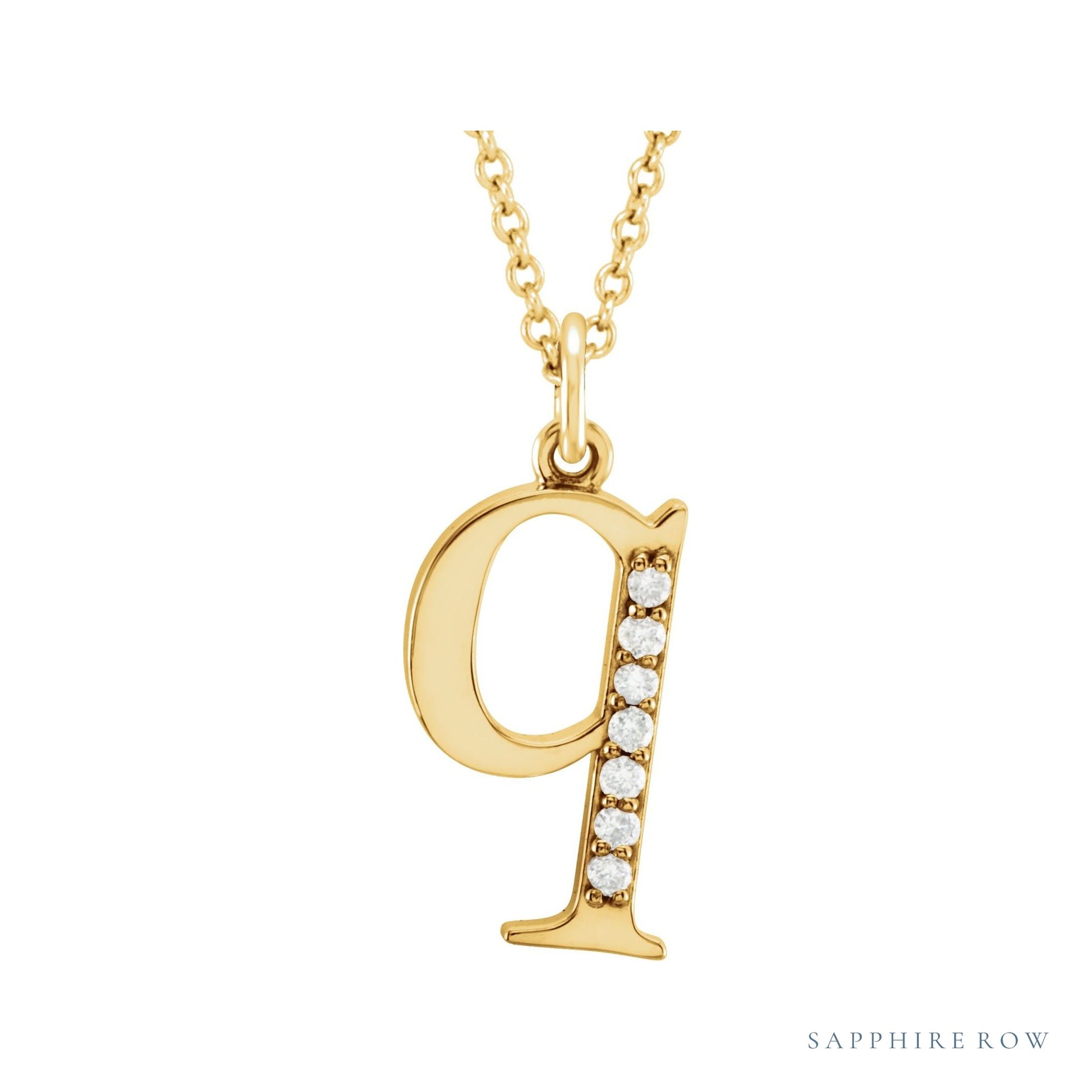 Sapphire Row Natural Diamond Lowercase Initial Necklace - q, 14K Yellow Gold