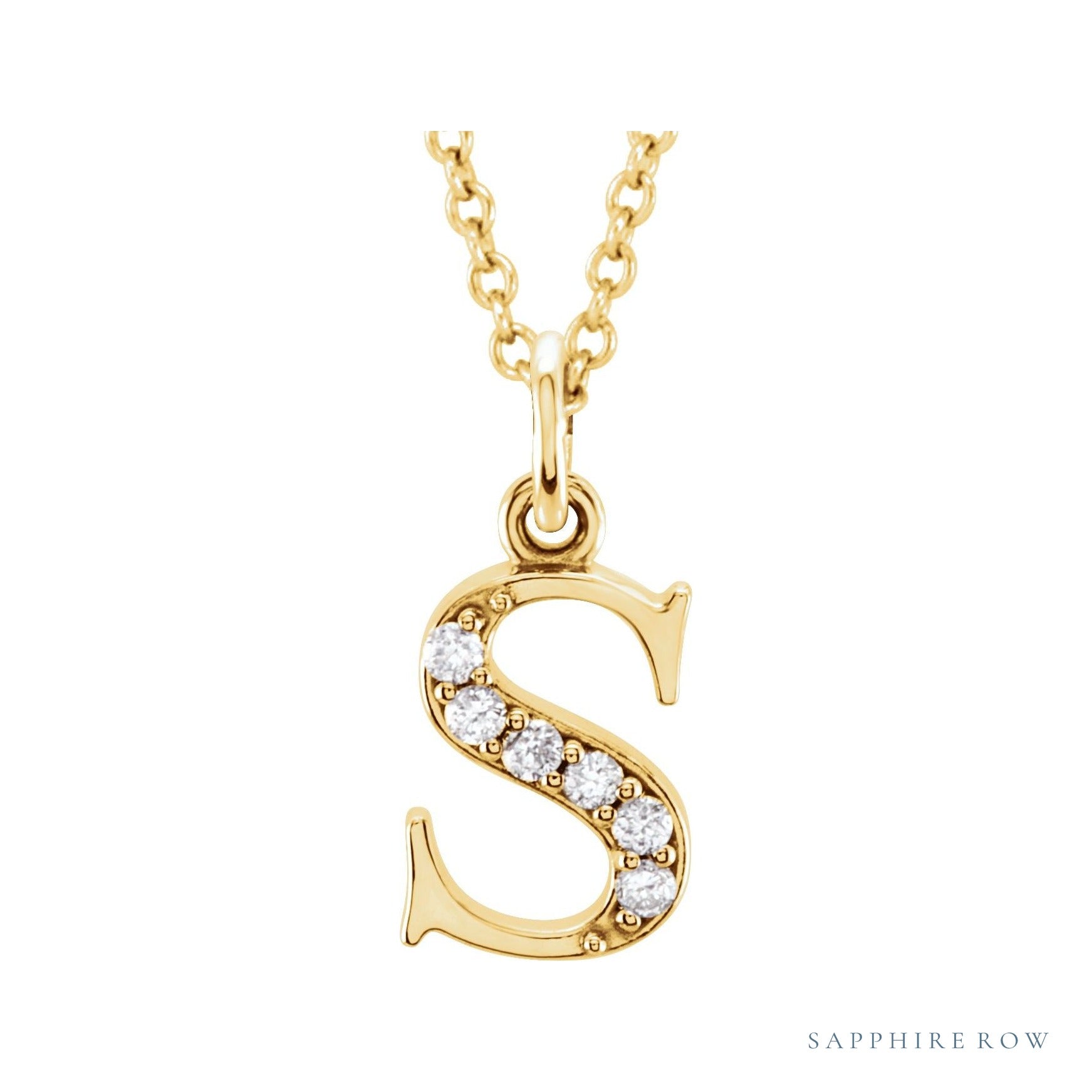Sapphire Row Natural Diamond Lowercase Initial Necklace - s, 14K Yellow Gold