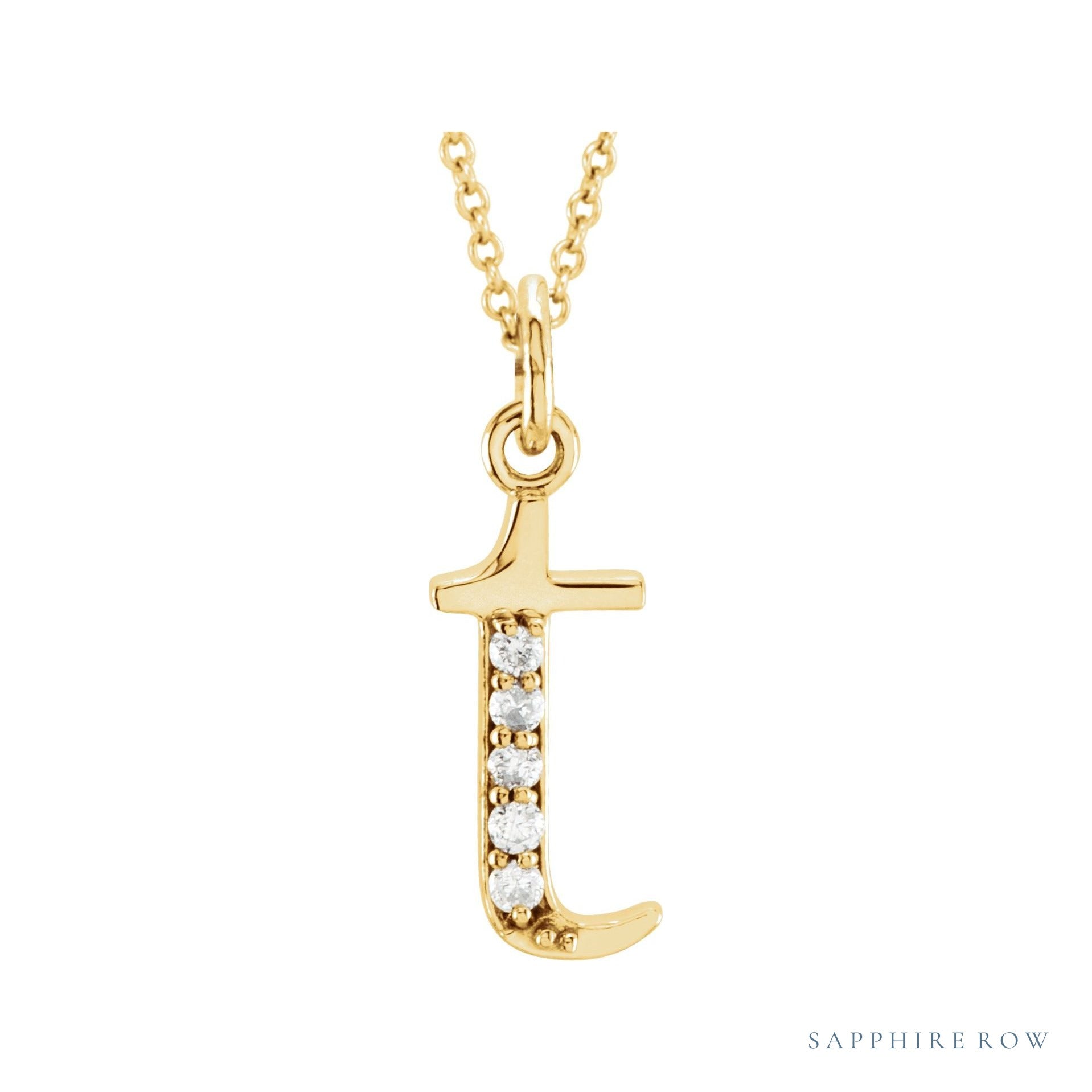 Sapphire Row Natural Diamond Lowercase Initial Necklace - t, 14K Yellow Gold