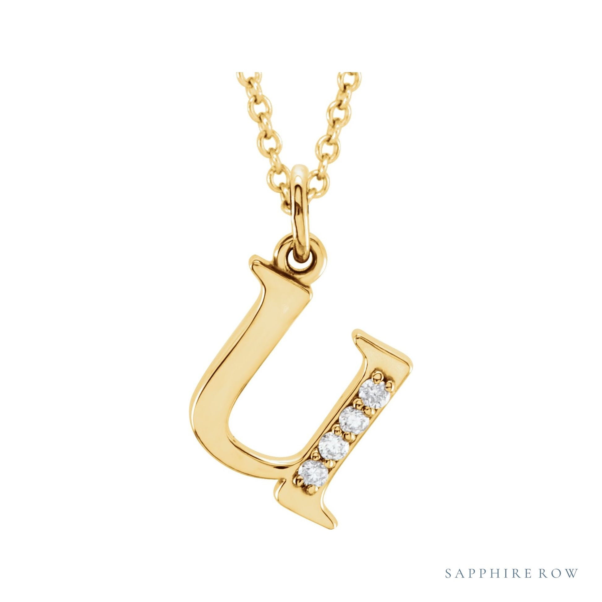 Sapphire Row Natural Diamond Lowercase Initial Necklace - u, 14K Yellow Gold